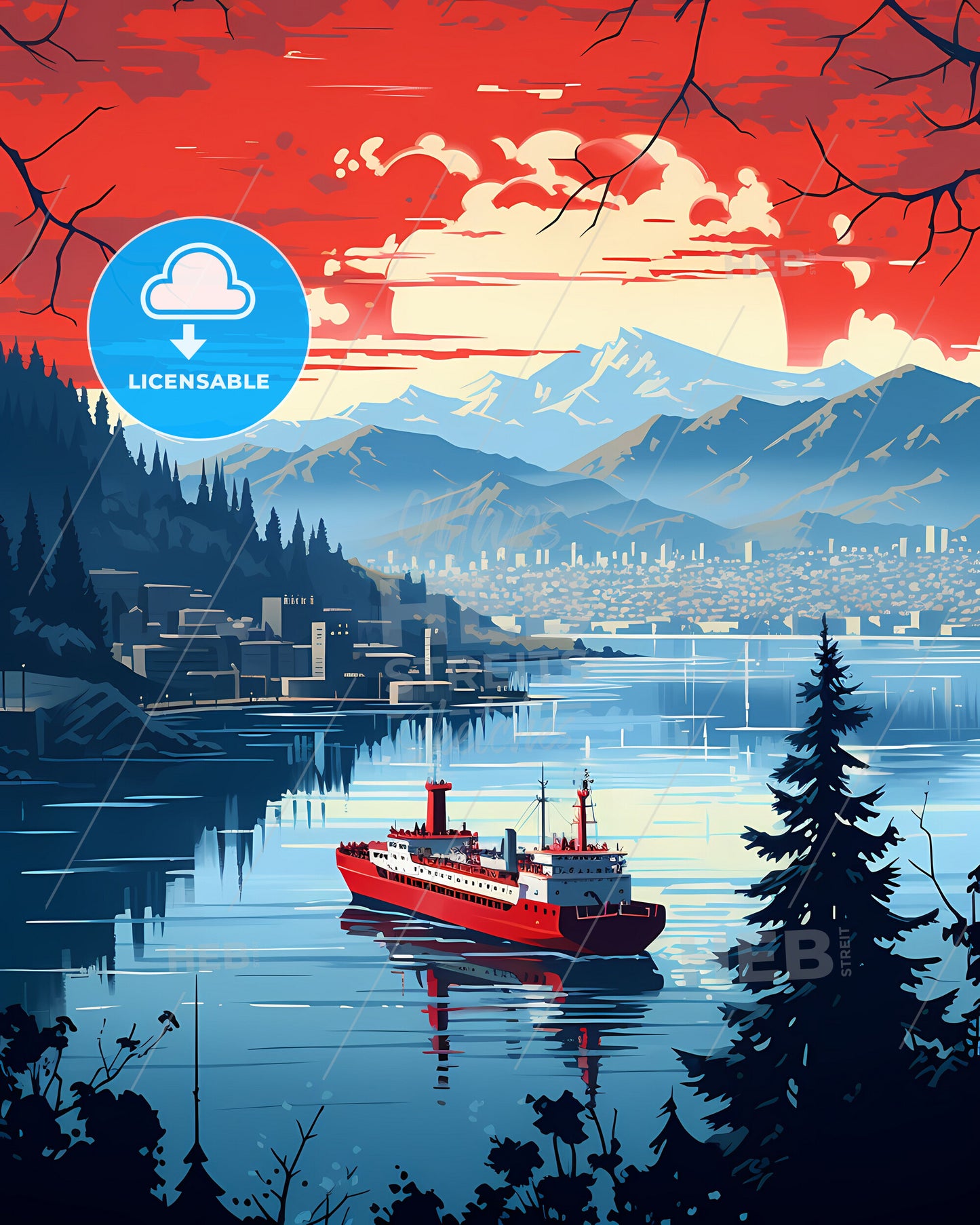 Vibrant Painting of Freetown Sierra Leone Skyline with Ship and Mountains