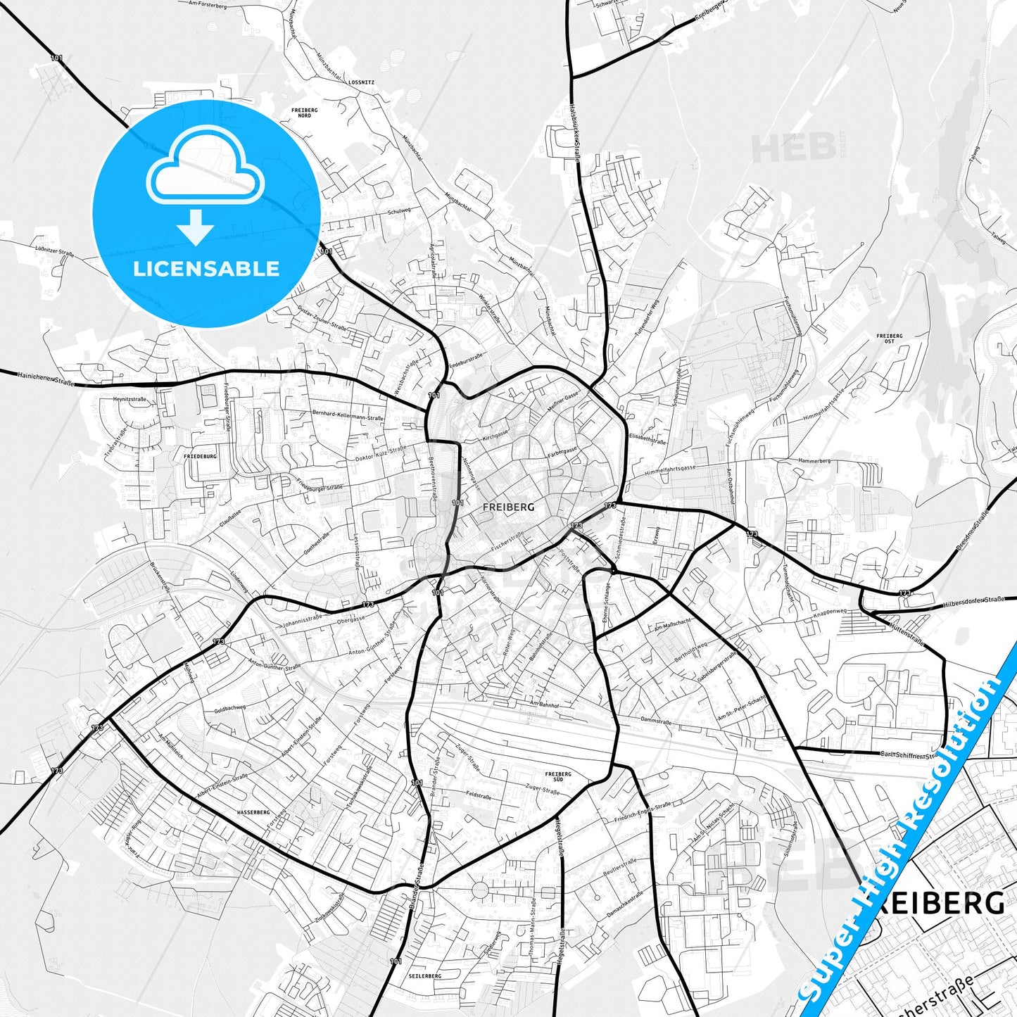 Freiberg, Germany Light Map with Street Names, City Names, and Districts