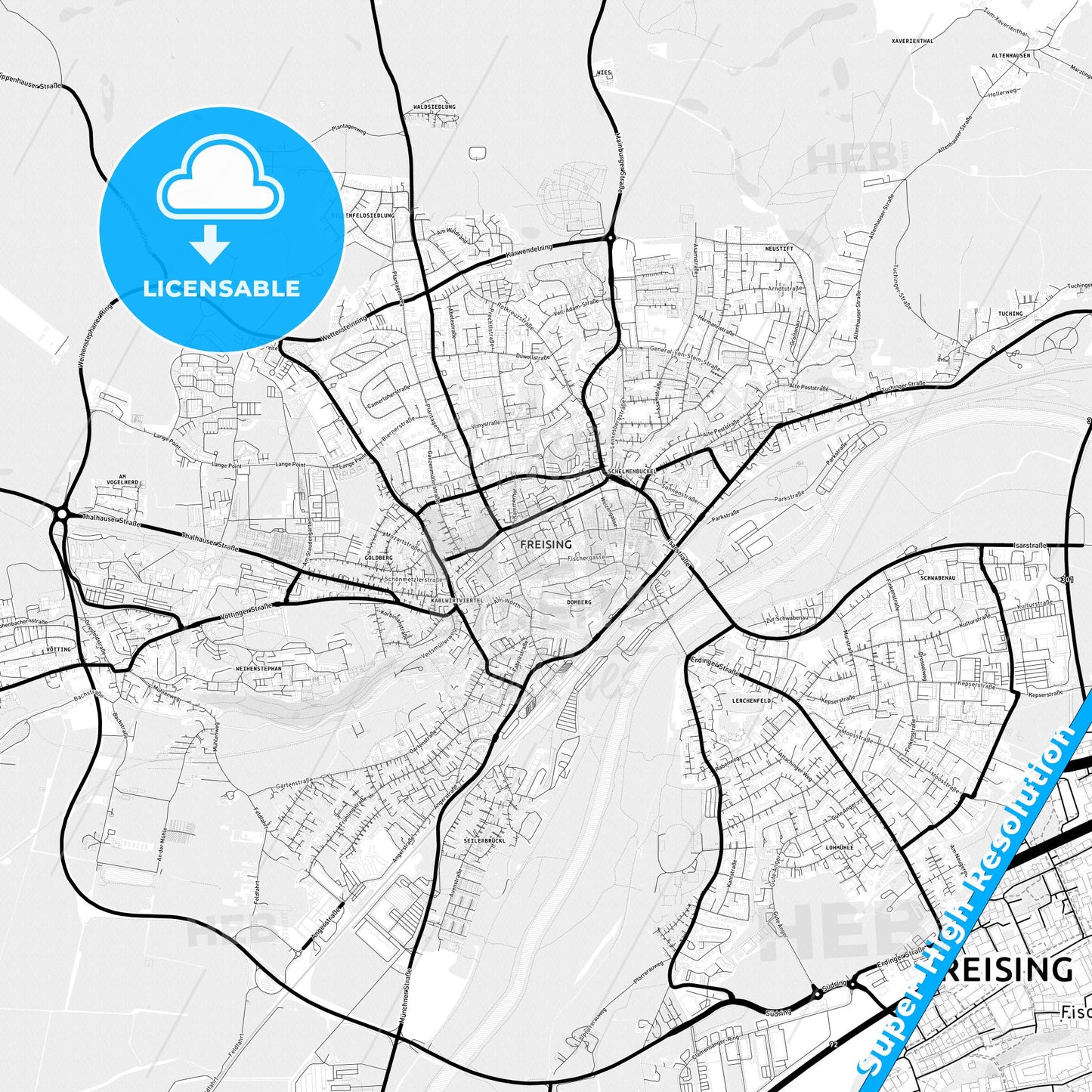 Freising, Germany Light Map with Street Names, City Names, and Districts