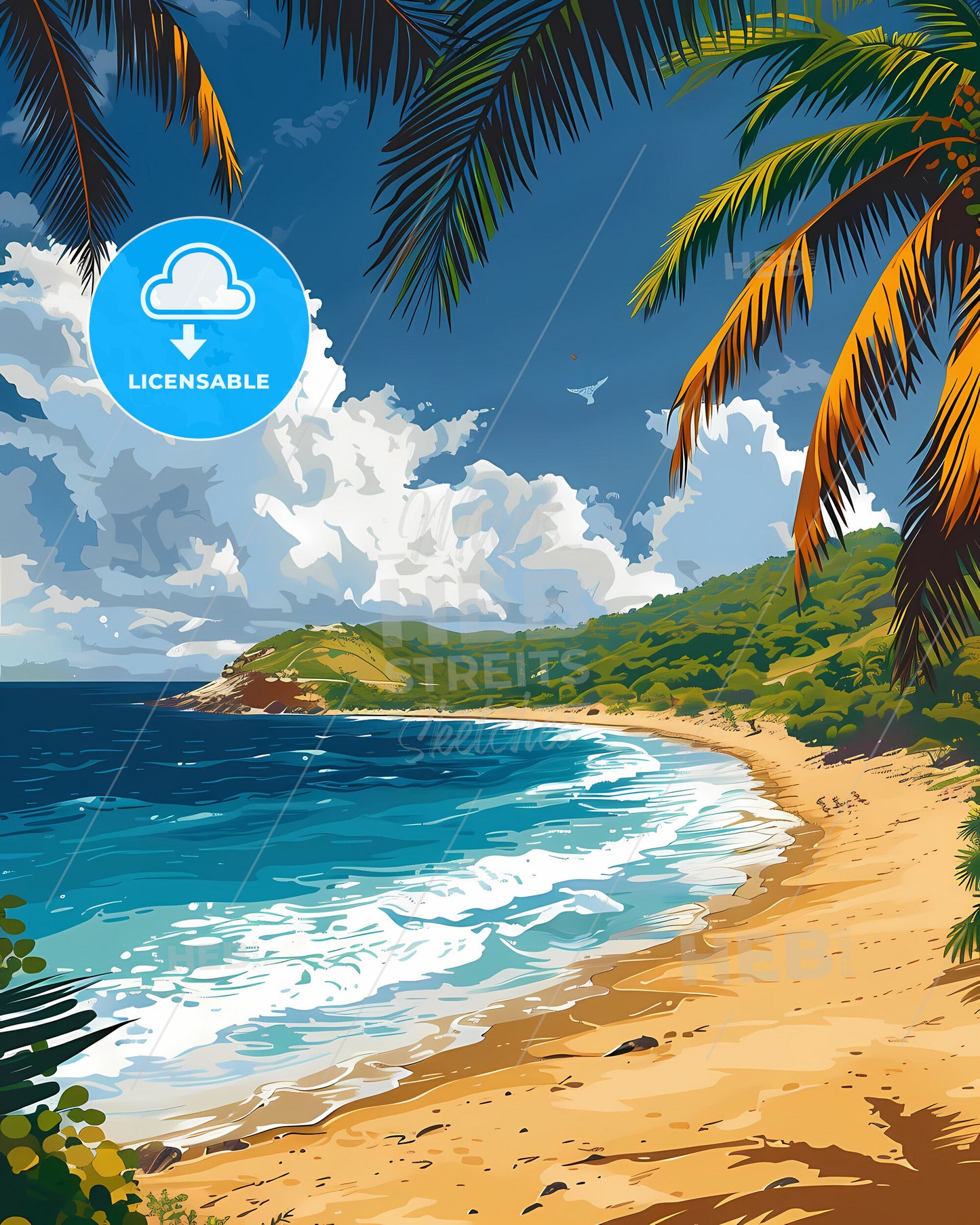 Vibrant Oil Painting of a Tropical Beach in French Guiana, South America Featuring Palm Trees and Azure Ocean