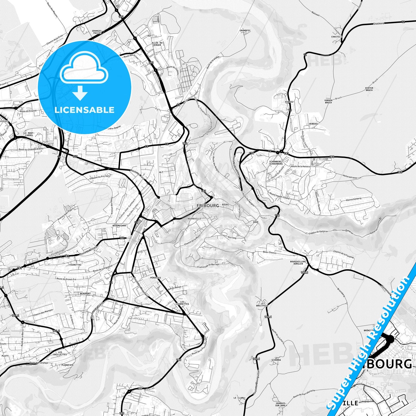 Fribourg, Switzerland Light Map with Street Names, City Names, and Districts