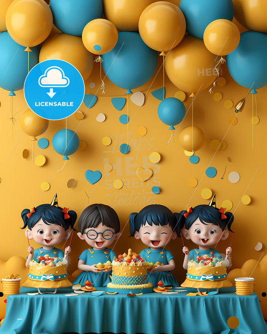 Vibrant Friendship Day Celebration Poster Template Featuring Cartoon Girls, Cake, and Balloons with Artistic Flair