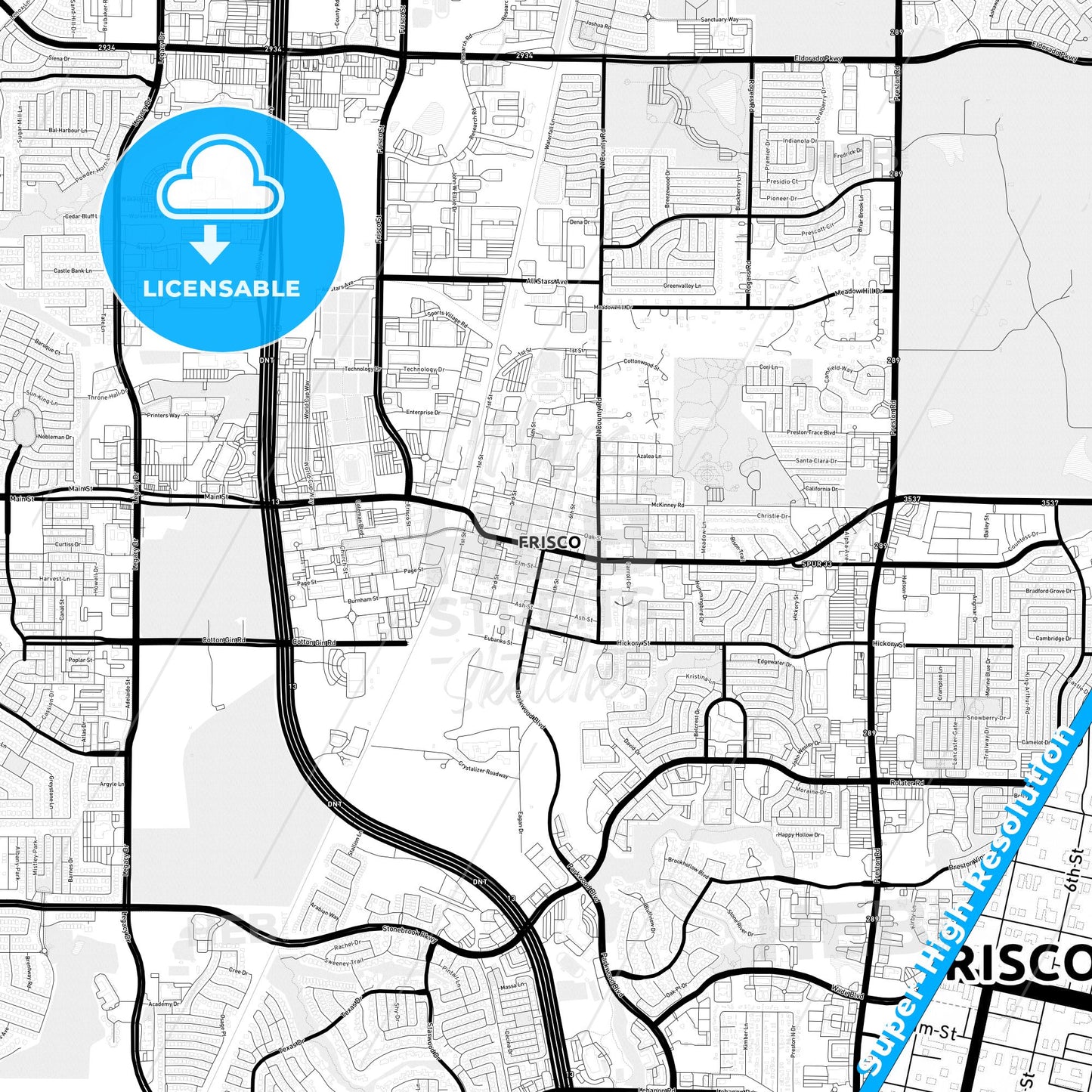 Frisco, Texas Light Map with Street Names, City Names, and Districts
