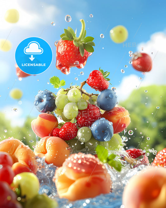 Vibrant Fruit Splash Still Life Painting with Strawberries, Grapes, Peaches, Blue Sky, and Falling Water Drops