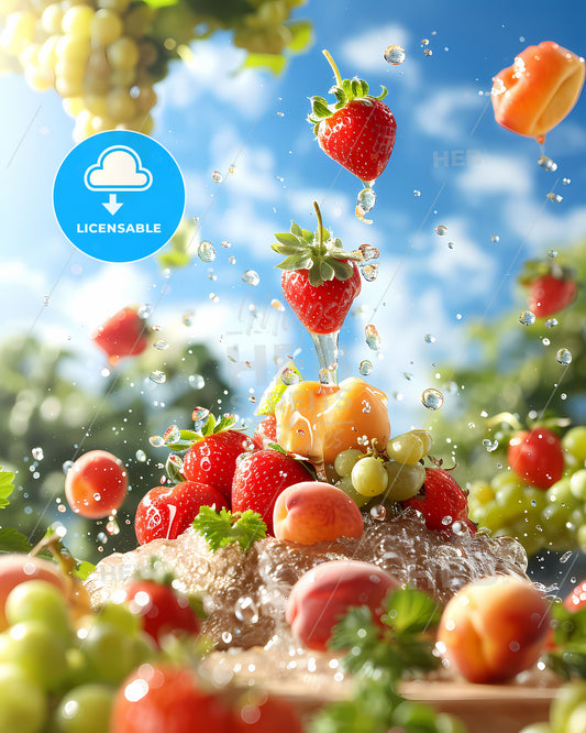 Fruit Still Life: Vibrant Splash of Peaches, Grapes, and Strawberries with Droplets against Azure Sky