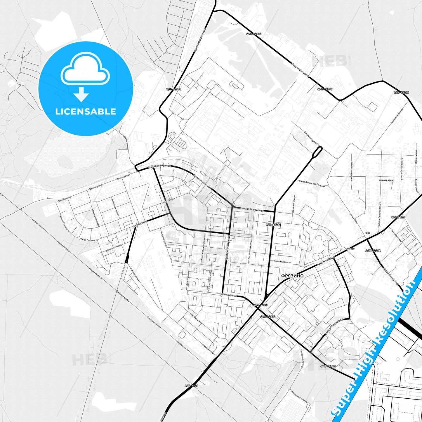 Fryazino, Russia Light Map with Street Names, City Names, and Districts