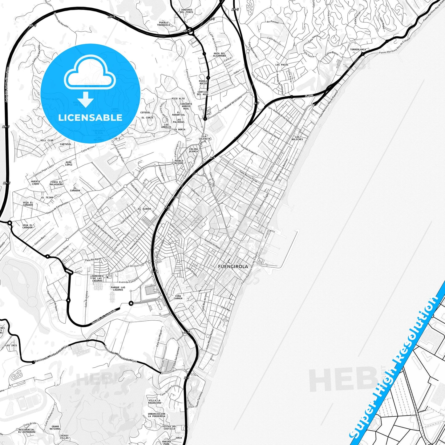 Fuengirola, Spain Light Map with Street Names, City Names, and Districts