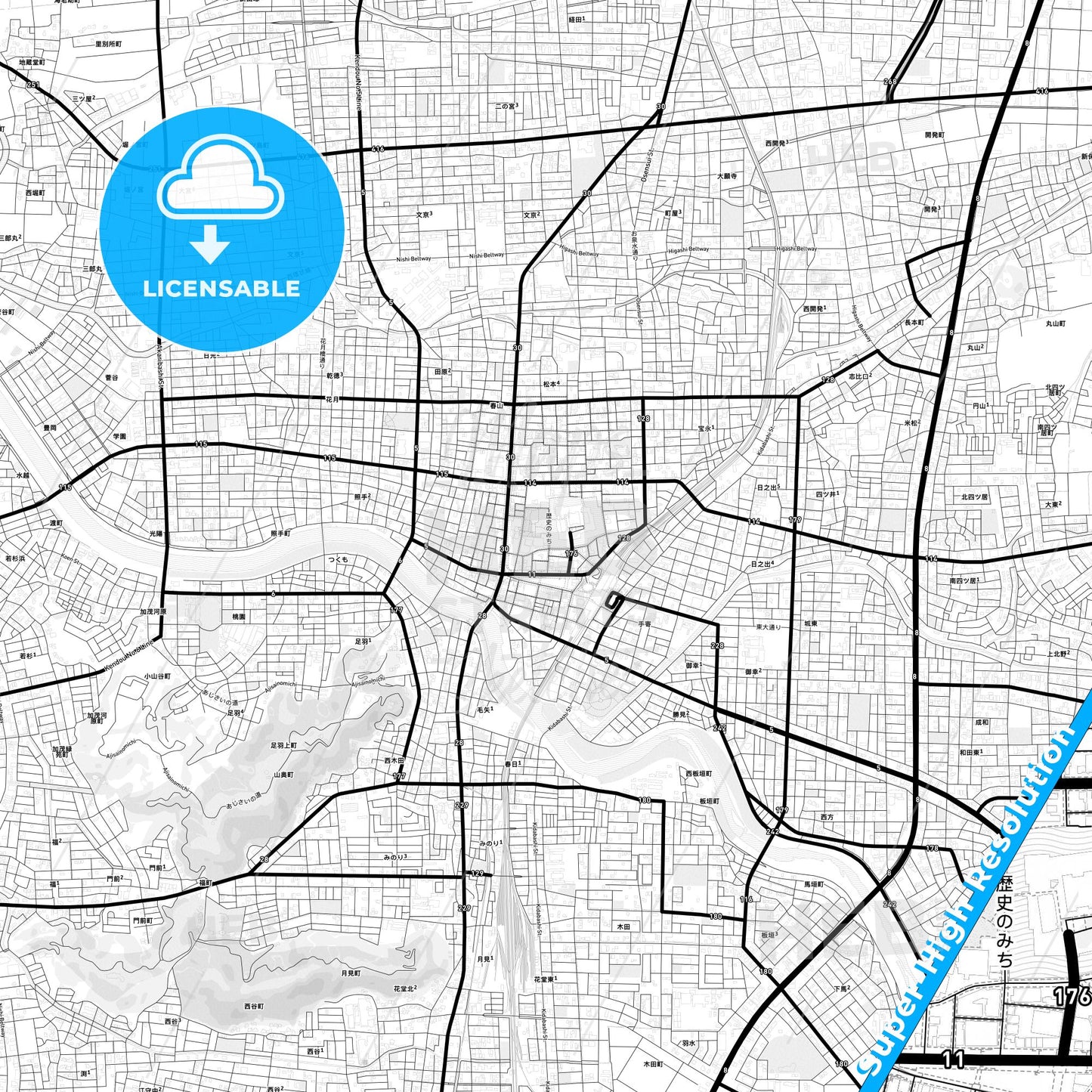 Fukui, Japan Light Map with Street Names, City Names, and Districts