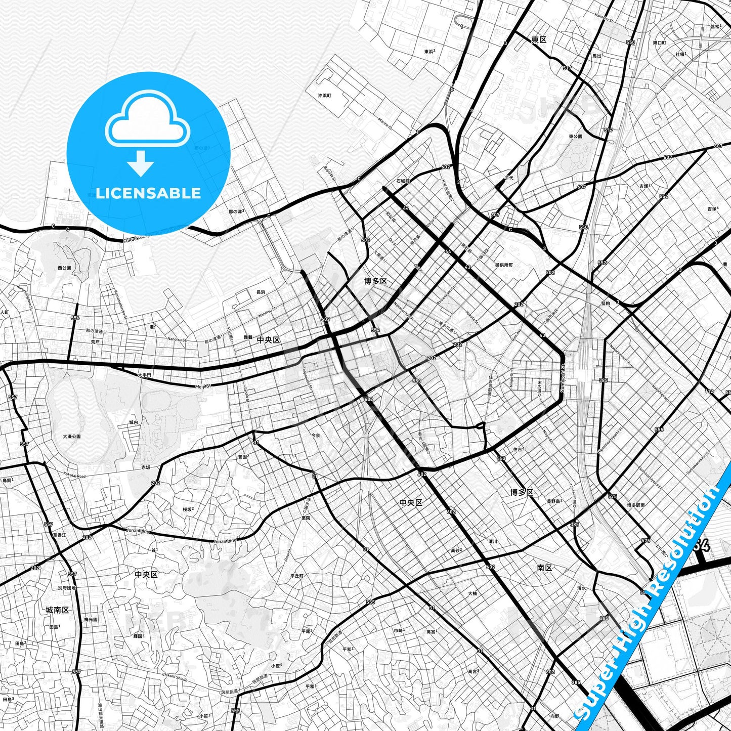 Fukuoka, Japan Light Map with Street Names, City Names, and Districts