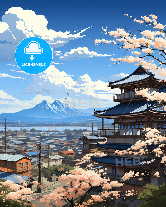 Fukuoka Japan Skyline Painting - Vibrant Pagoda Cherry Blossoms Vibrant Cityscape Artwork