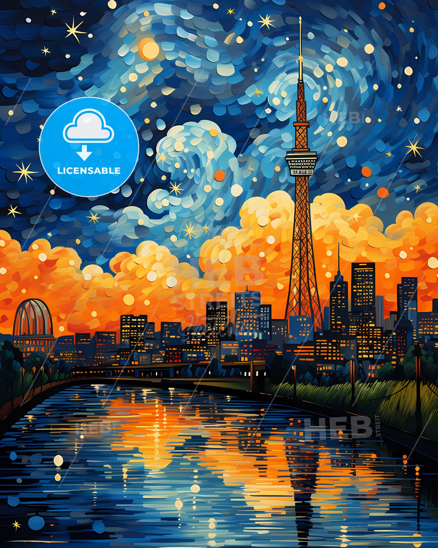 Vibrant City Painting: Fukuoka Skyline Tower Panorama