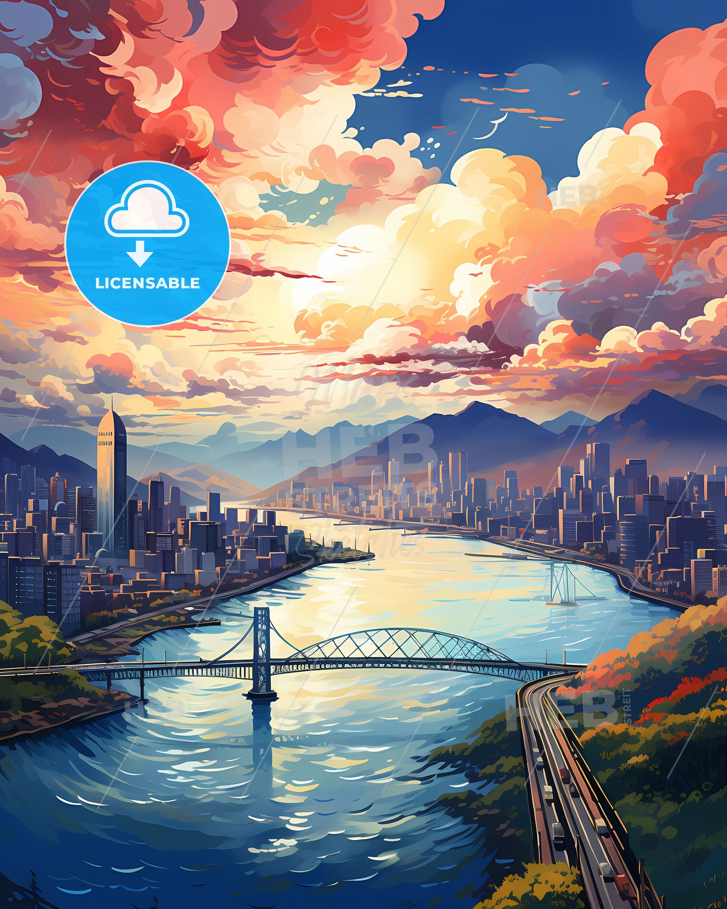 Fukuoka City Skyline River Bridge Artwork Urban Landscape Cityscape Vibrant Colorful Painting