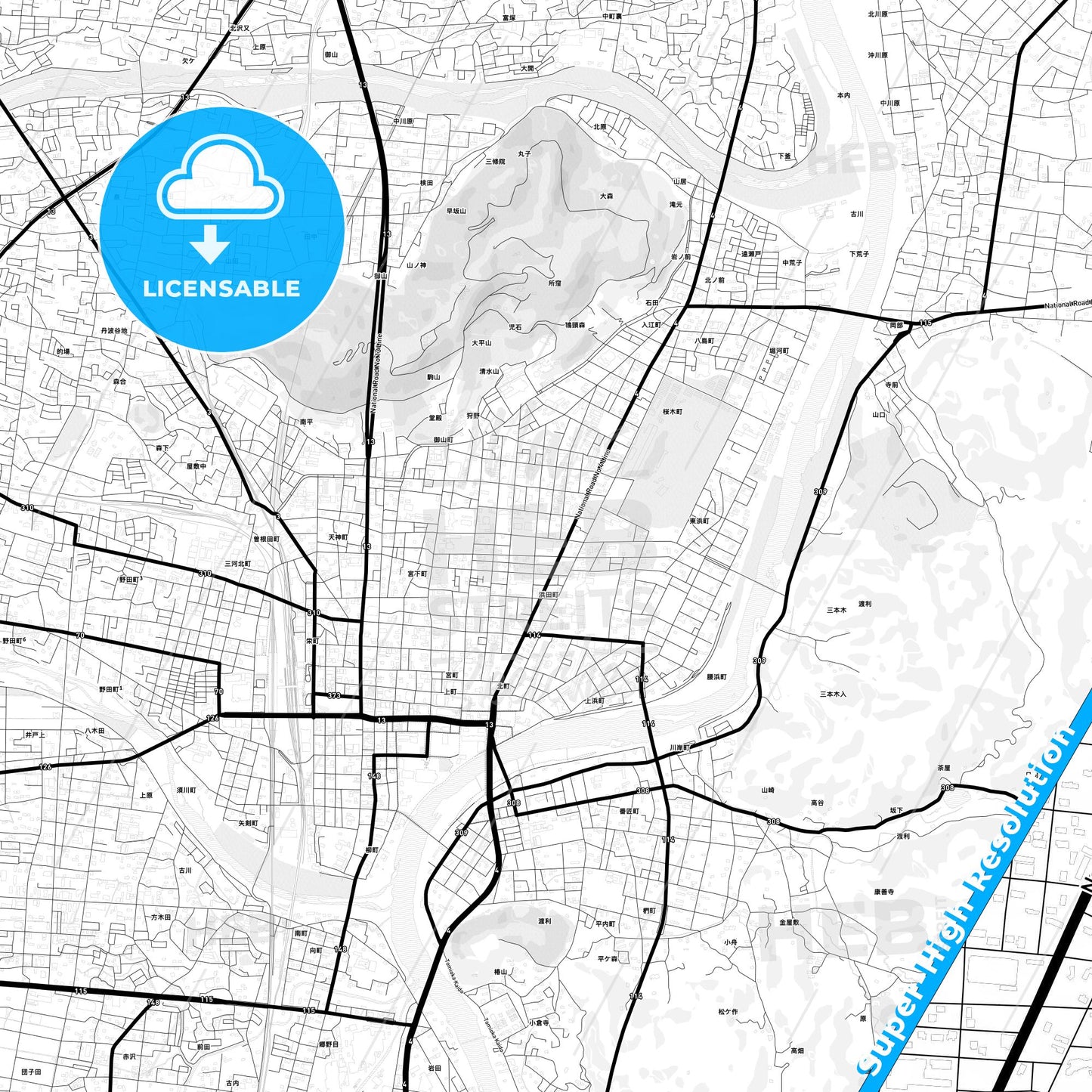 Fukushima, Japan Light Map with Street Names, City Names, and Districts