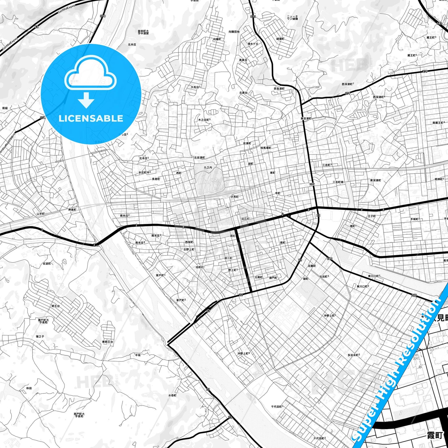 Fukuyama, Japan Light Map with Street Names, City Names, and Districts