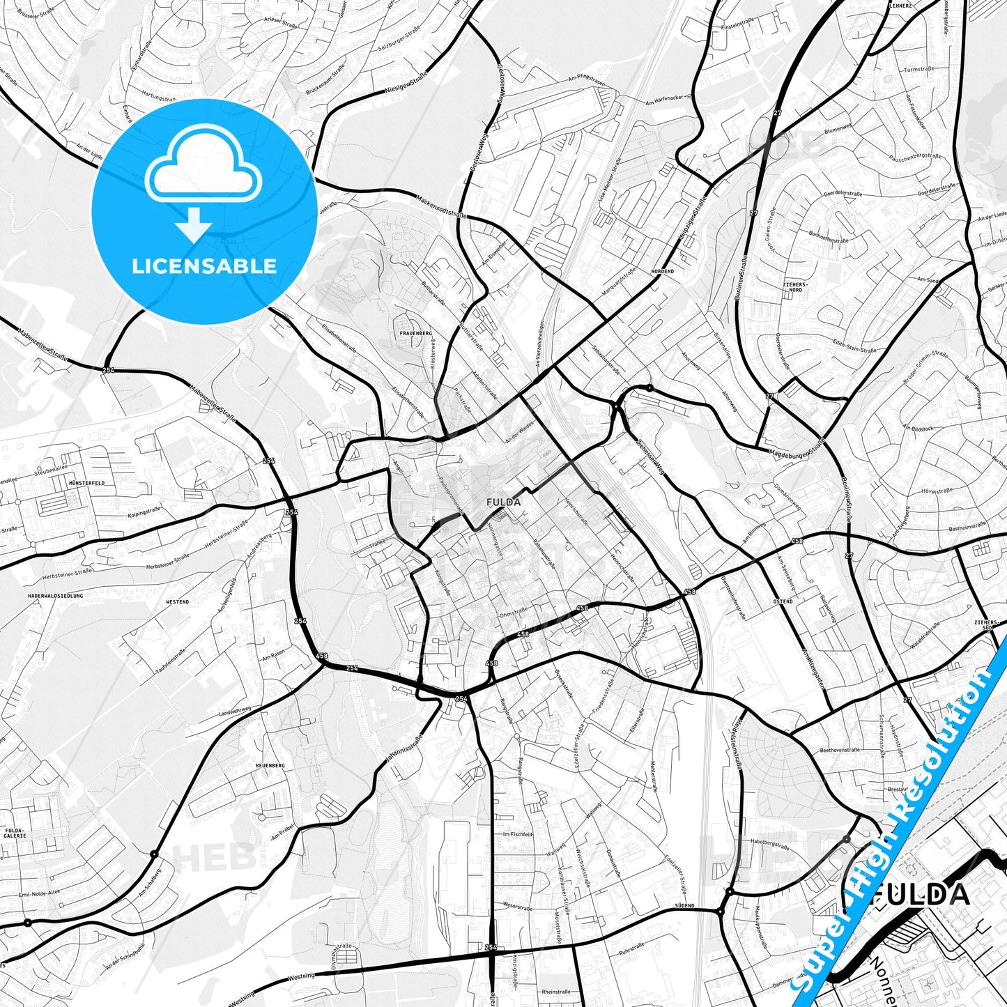 Fulda, Germany Light Map with Street Names, City Names, and Districts
