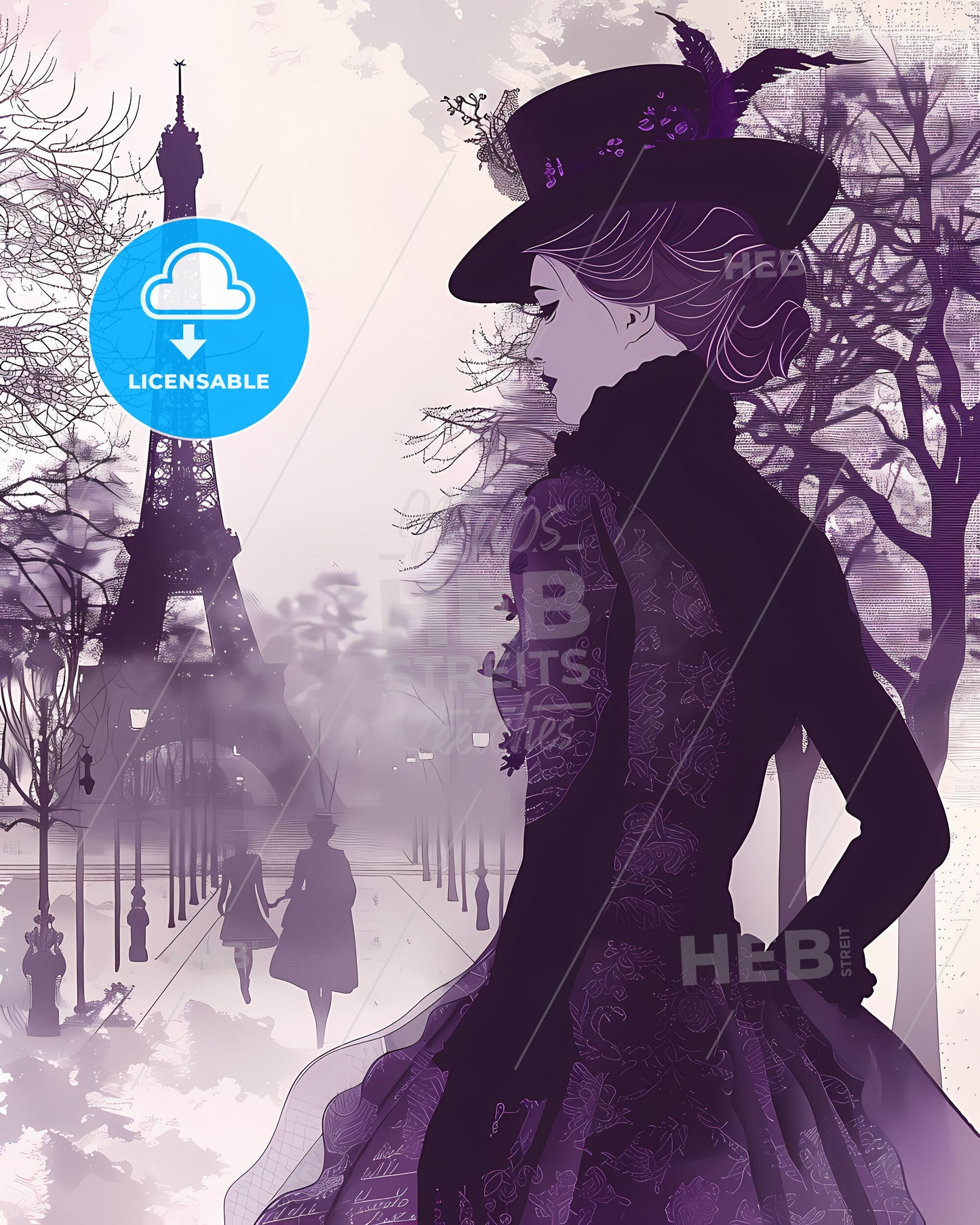 Retro Romantic Girl in Hat on Champs Elysees: 1920s Handwritten Portrait Illustration with Cinematic Light & Artistic Halftone