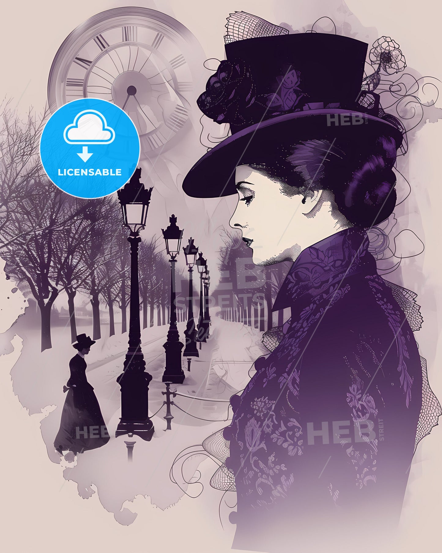 1920s Romantic Girl in Hat, Retro Champs Elysees Painting with Cinematic Light, Halftone Style - Vibrant & Artistic Side View