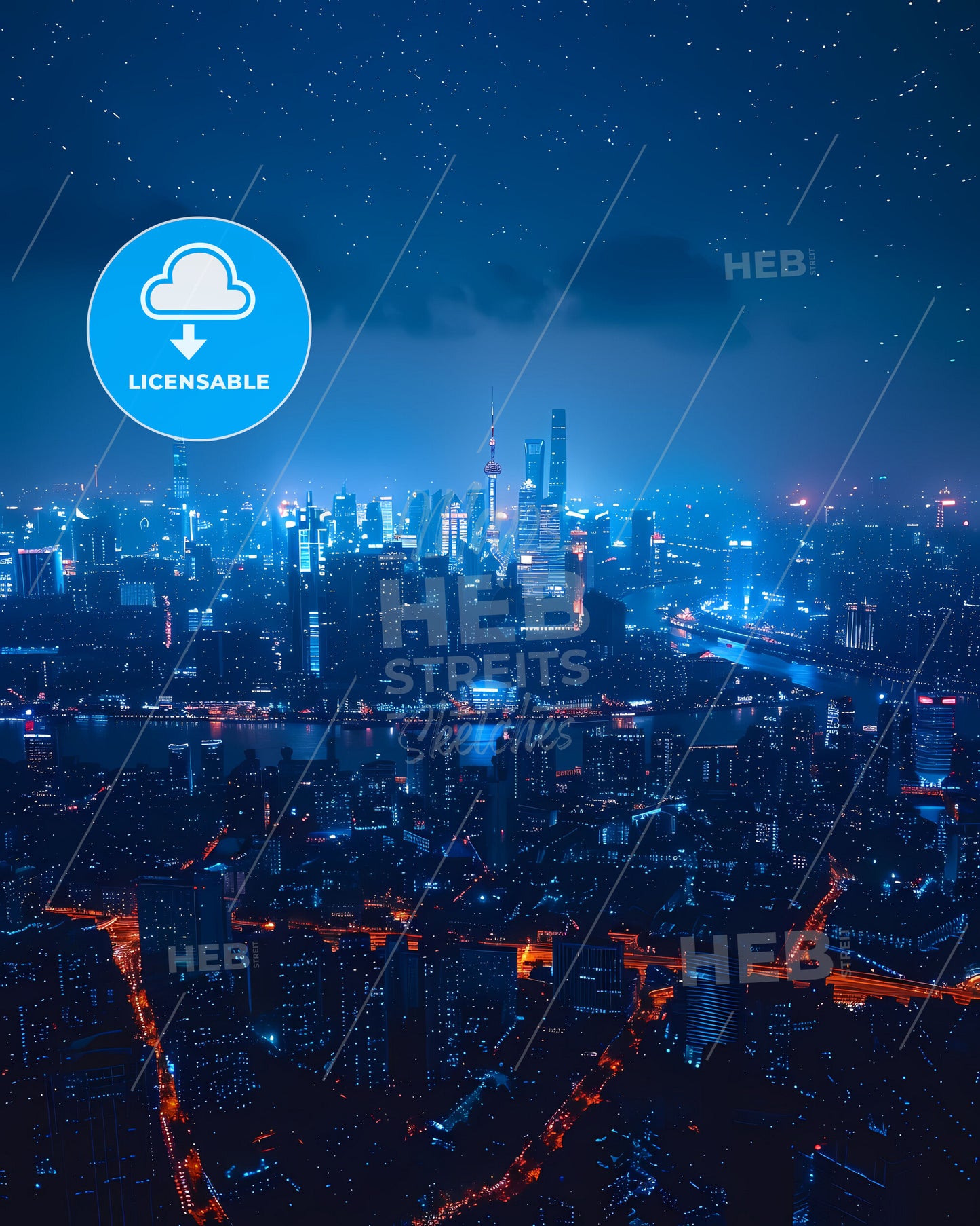 Minimalist Cityscape At Night, Light Blue And White, Low Poly, Big Data, Smart City