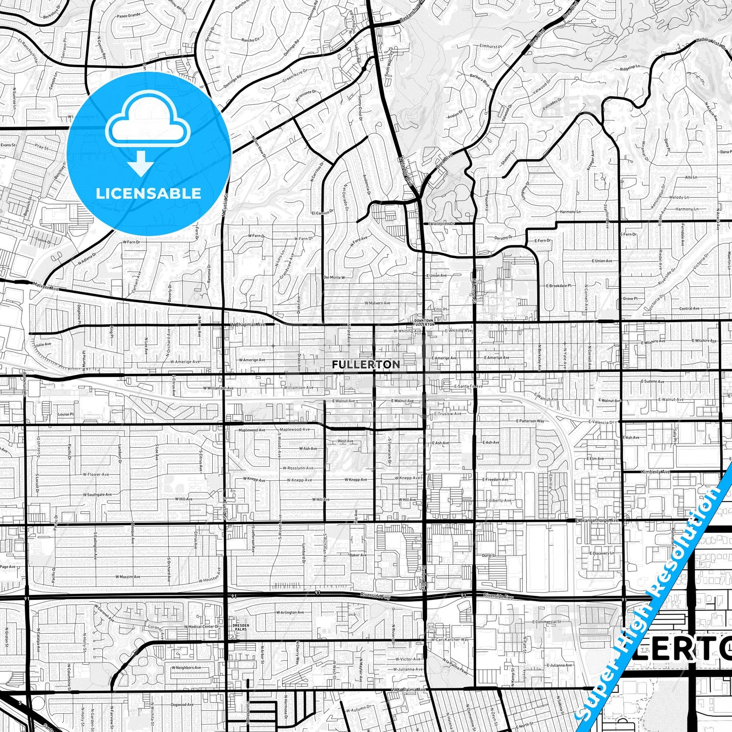 Fullerton, California Light Map with Street Names, City Names, and Districts