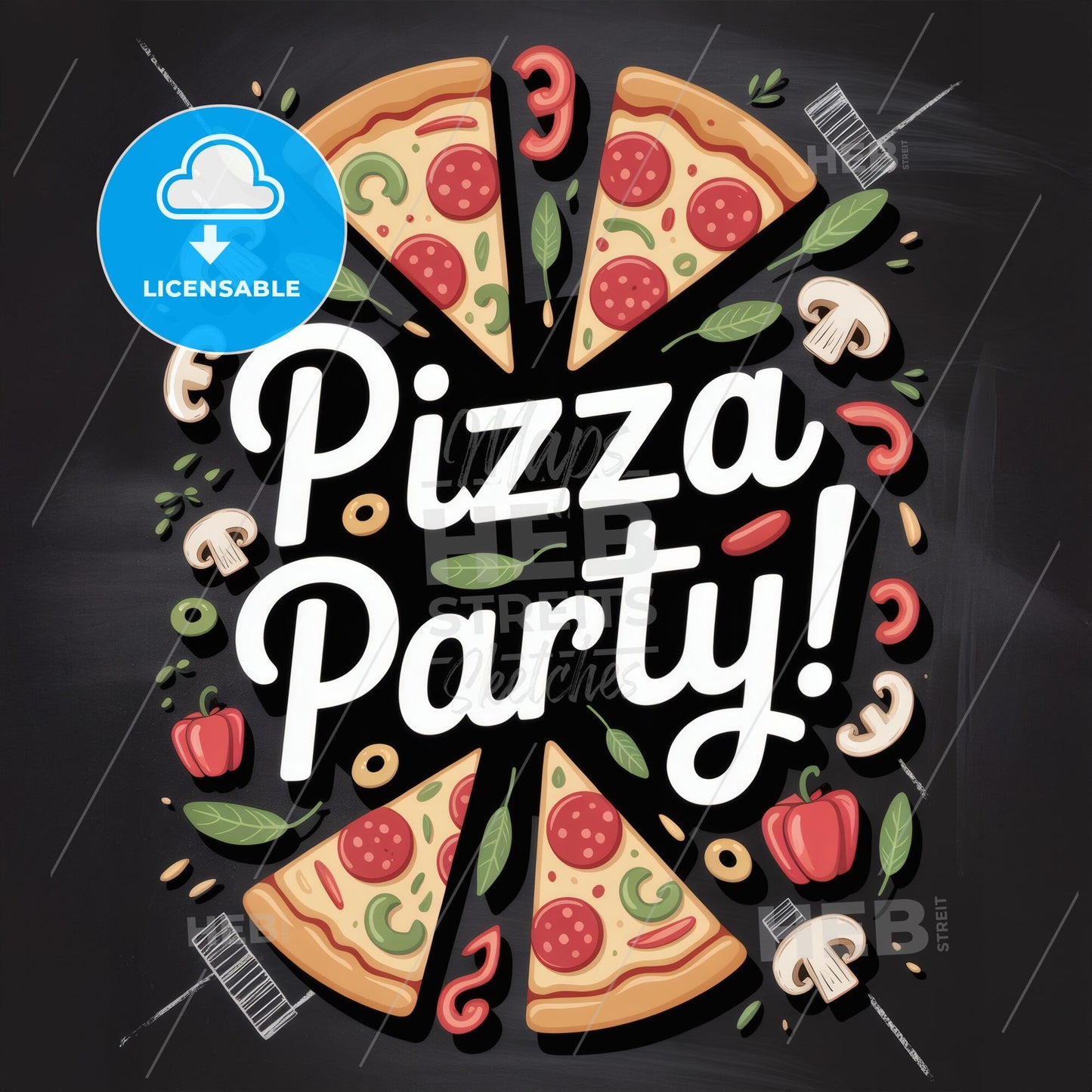 Fun and Engaging Pizza Party Celebration Illustration with Tasty Ingredients and Bold Typography.