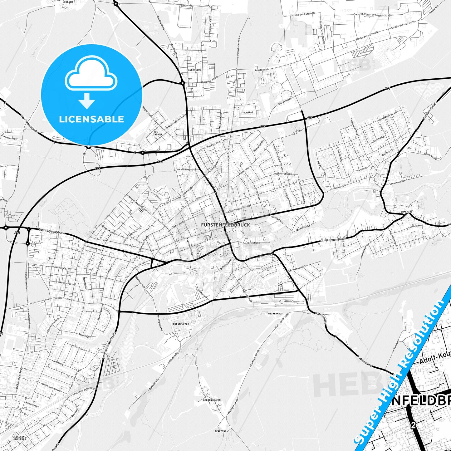 Furstenfeldbruck, Germany Light Map with Street Names, City Names, and Districts