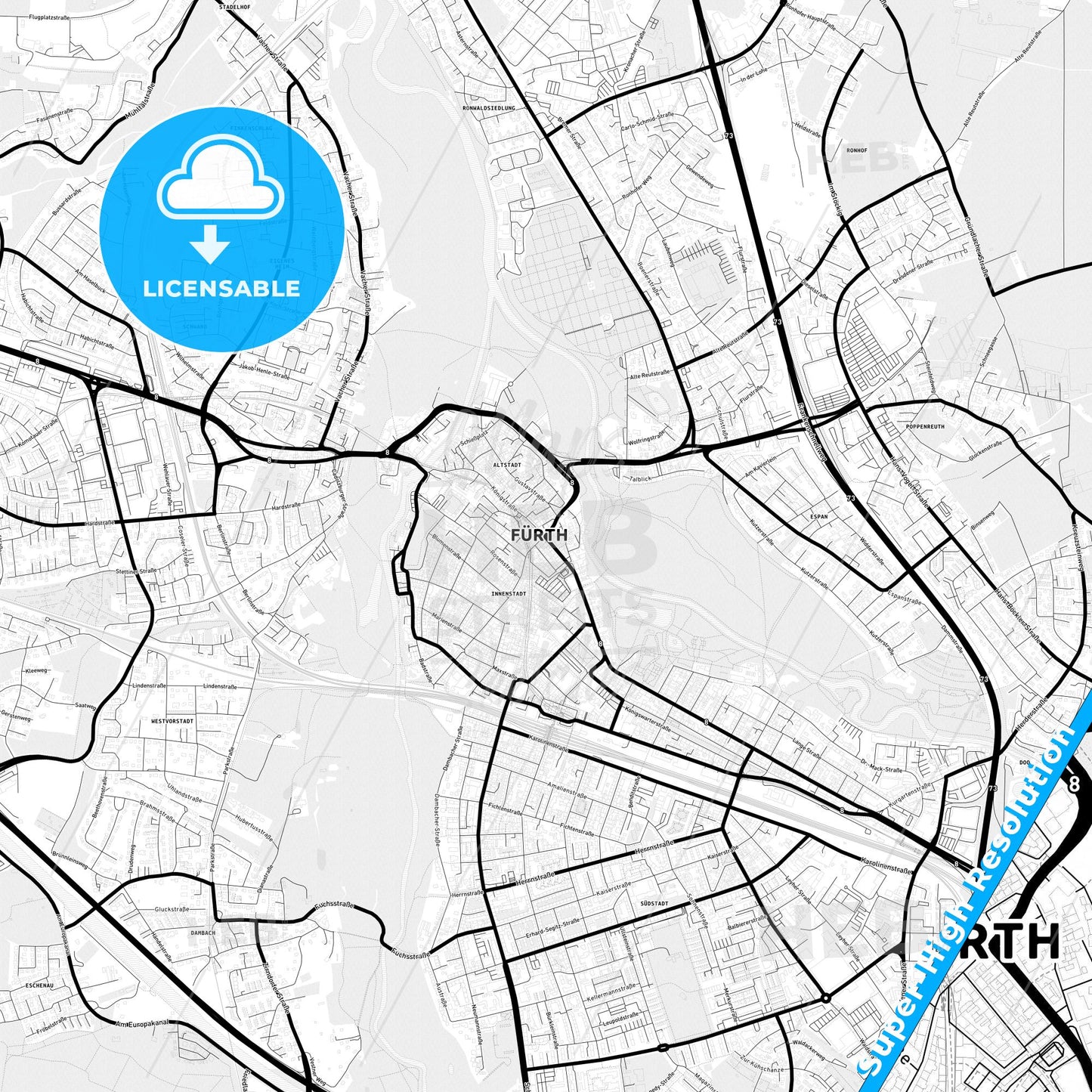 Furth, Germany Light Map with Street Names, City Names, and Districts