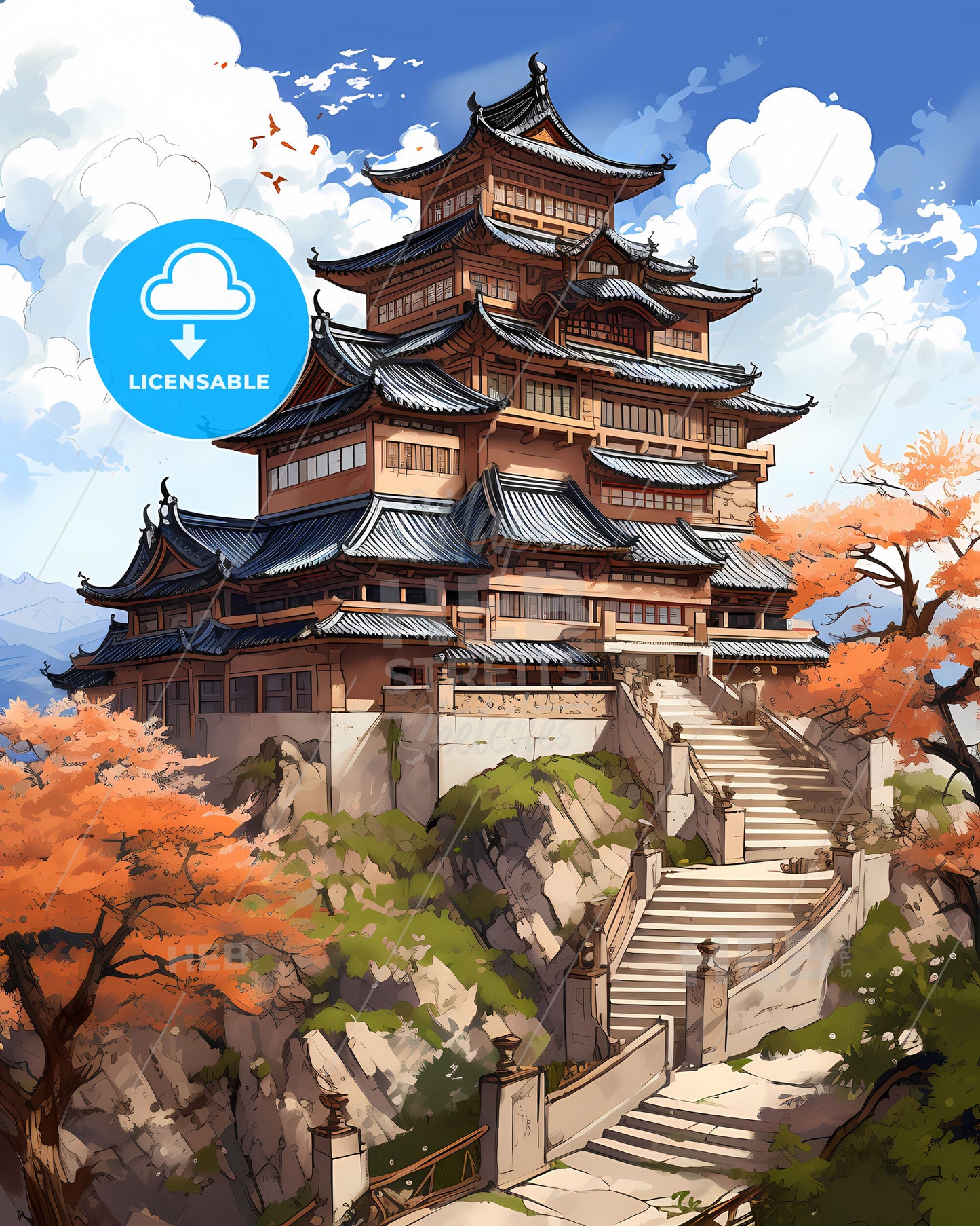 Vibrant Painting of a Building on a Hill - Fushun China Skyline Urban Landscape Cityscape Architecture Artwork