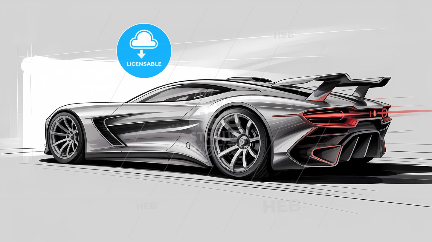 Futuristic Concept Car Sketch: Grayscale Elegance with Striking Red Accents