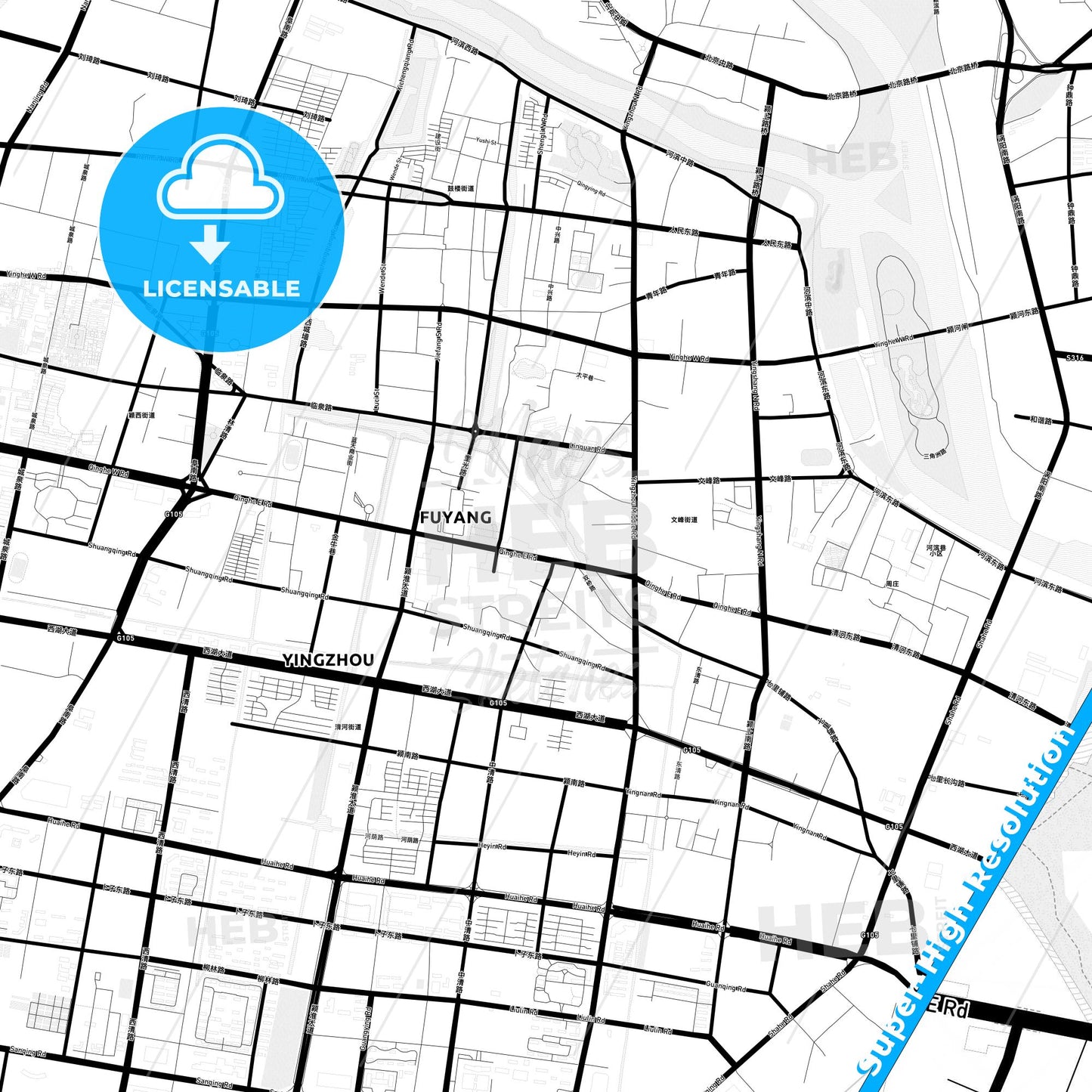Fuyang, China Light Map with Street Names, City Names, and Districts