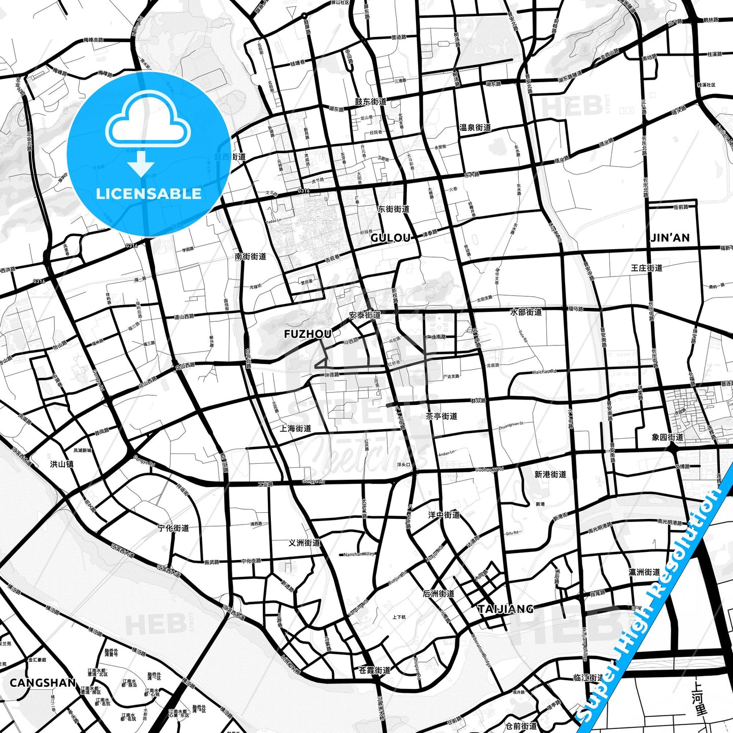 Fuzhou, China Light Map with Street Names, City Names, and Districts