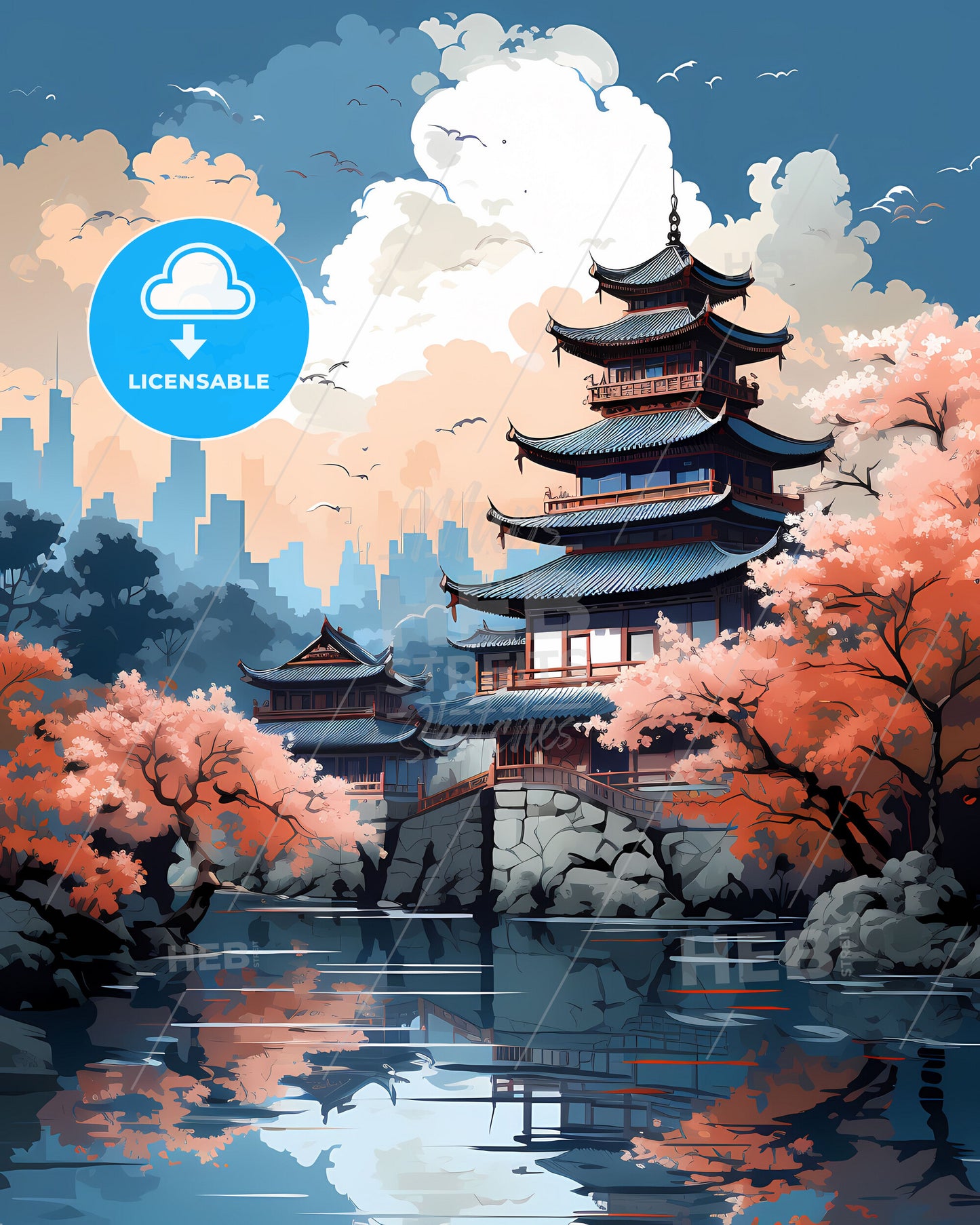 Vibrant Cityscape Painting: Fuzhou Skyline with Tower Amidst Lush Greenery and Buildings