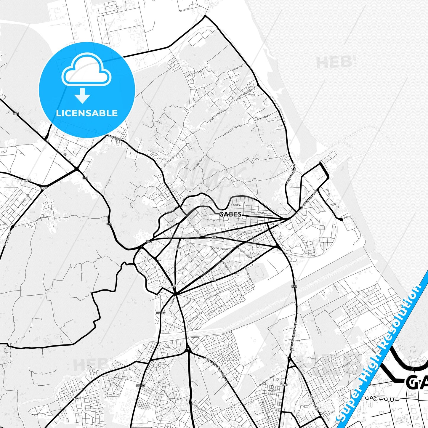Gabes, Tunisia Light Map with Street Names, City Names, and Districts