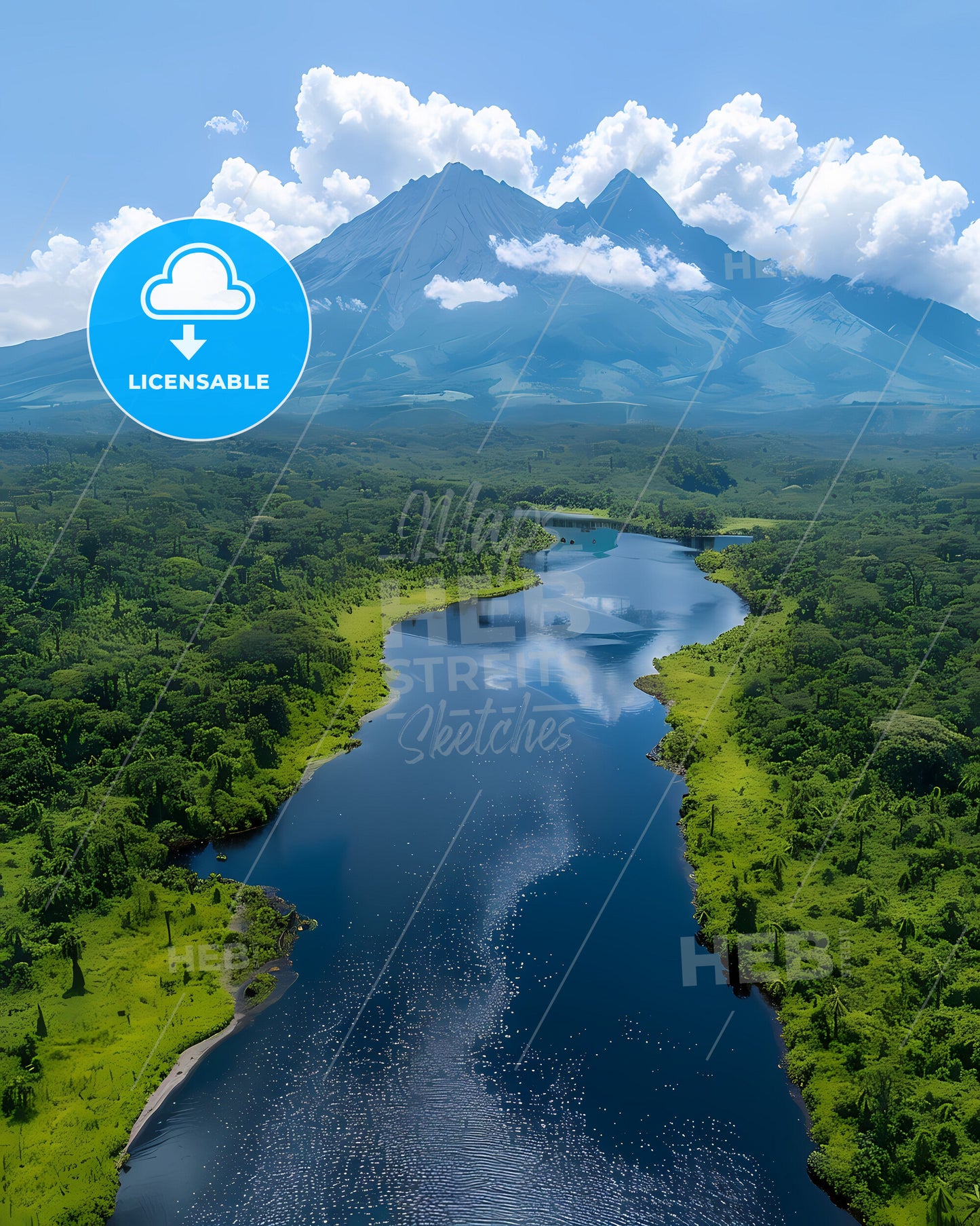 Artistic Watercolor Painting: River Landscape with Trees and Mountain in Gabon, Africa