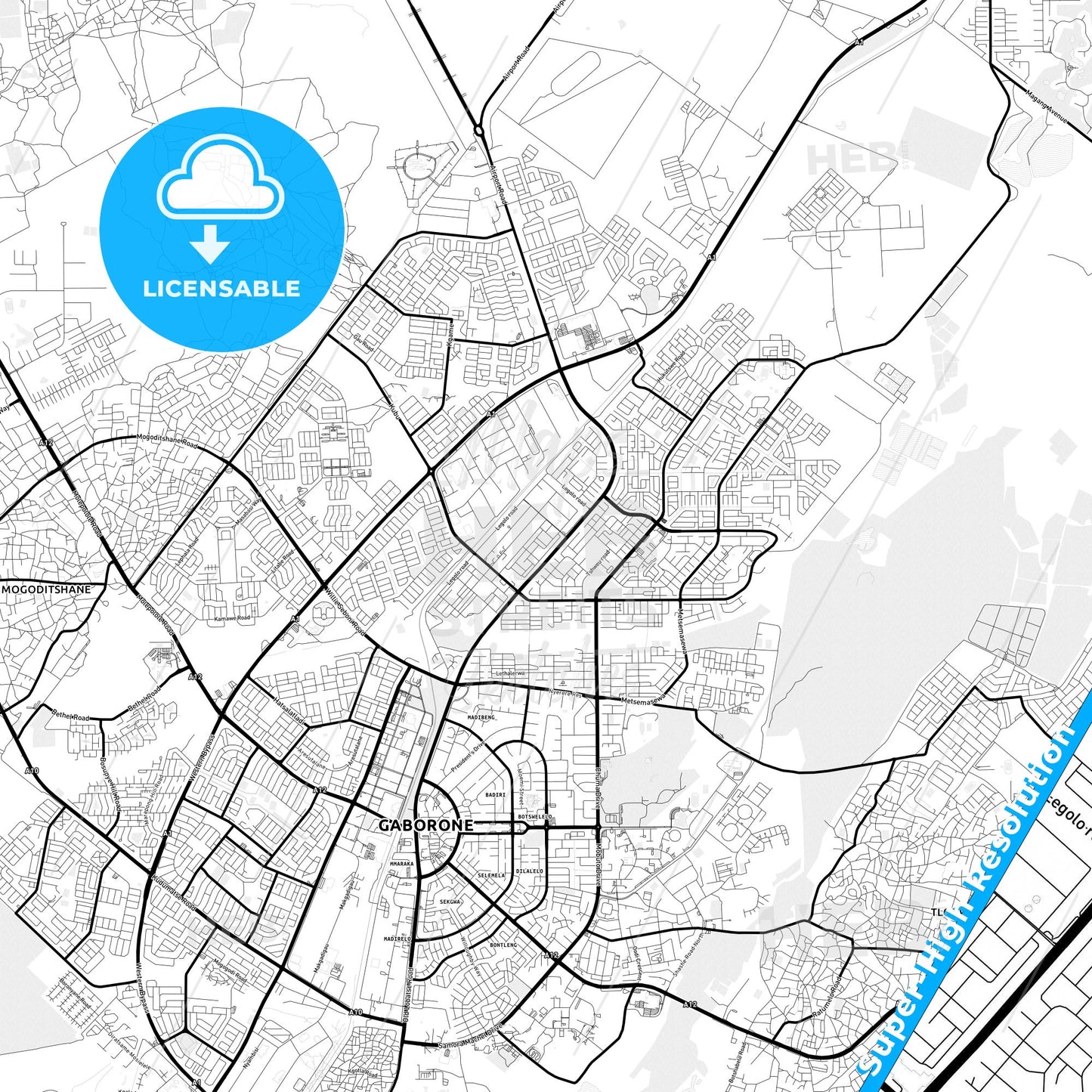 Gaborone, Botswana Light Map with Street Names, City Names, and Districts