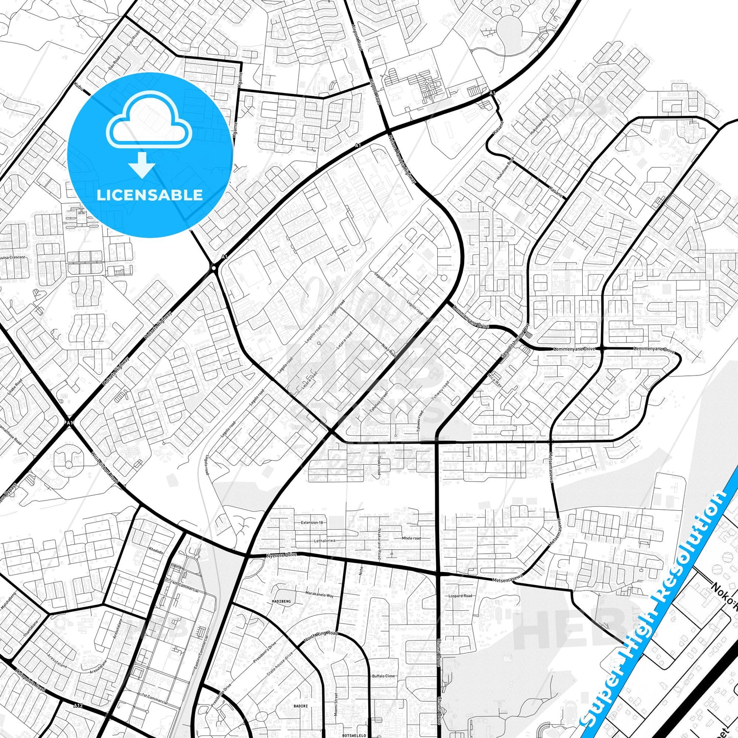 Gaborone, Botswana Light Map with Street Names, City Names, and Districts