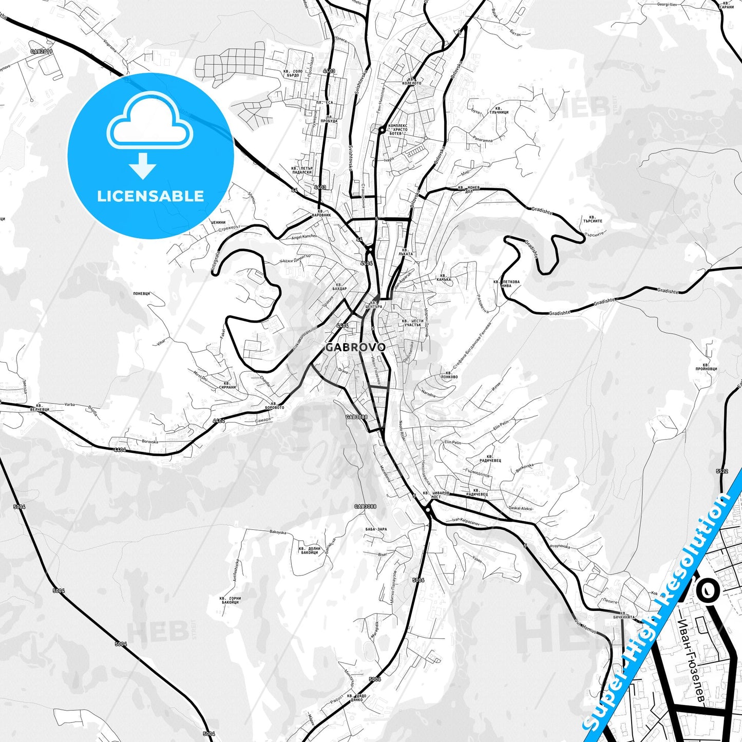 Gabrovo, Bulgaria Light Map with Street Names, City Names, and Districts
