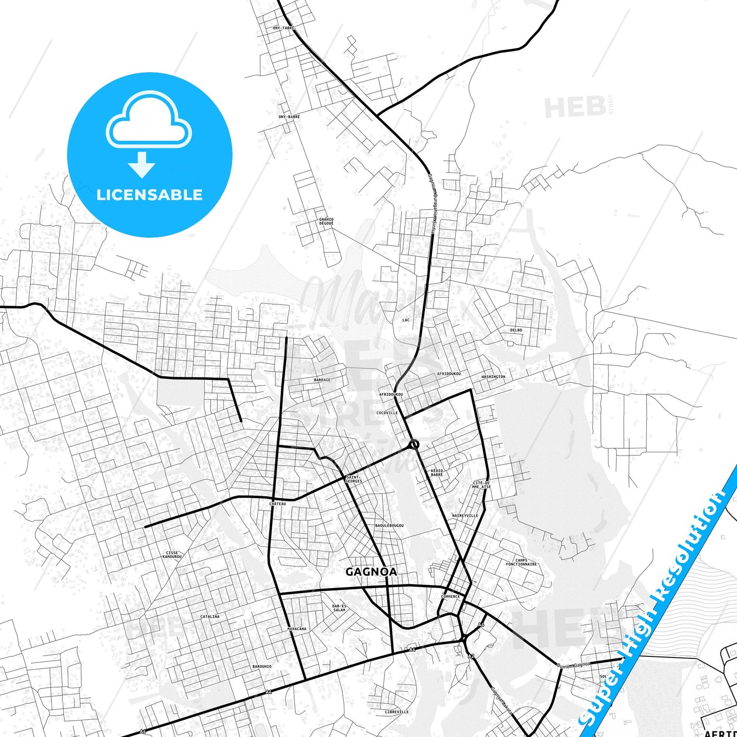 Gagnoa, Ivory Coast Light Map with Street Names, City Names, and Districts
