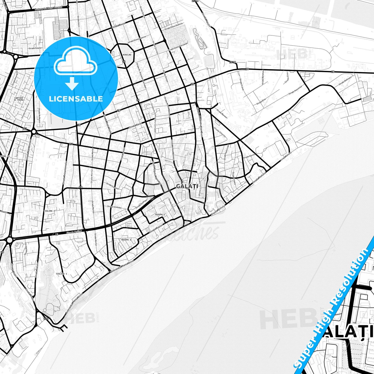 Galați, Romania Light Map with Street Names, City Names, and Districts