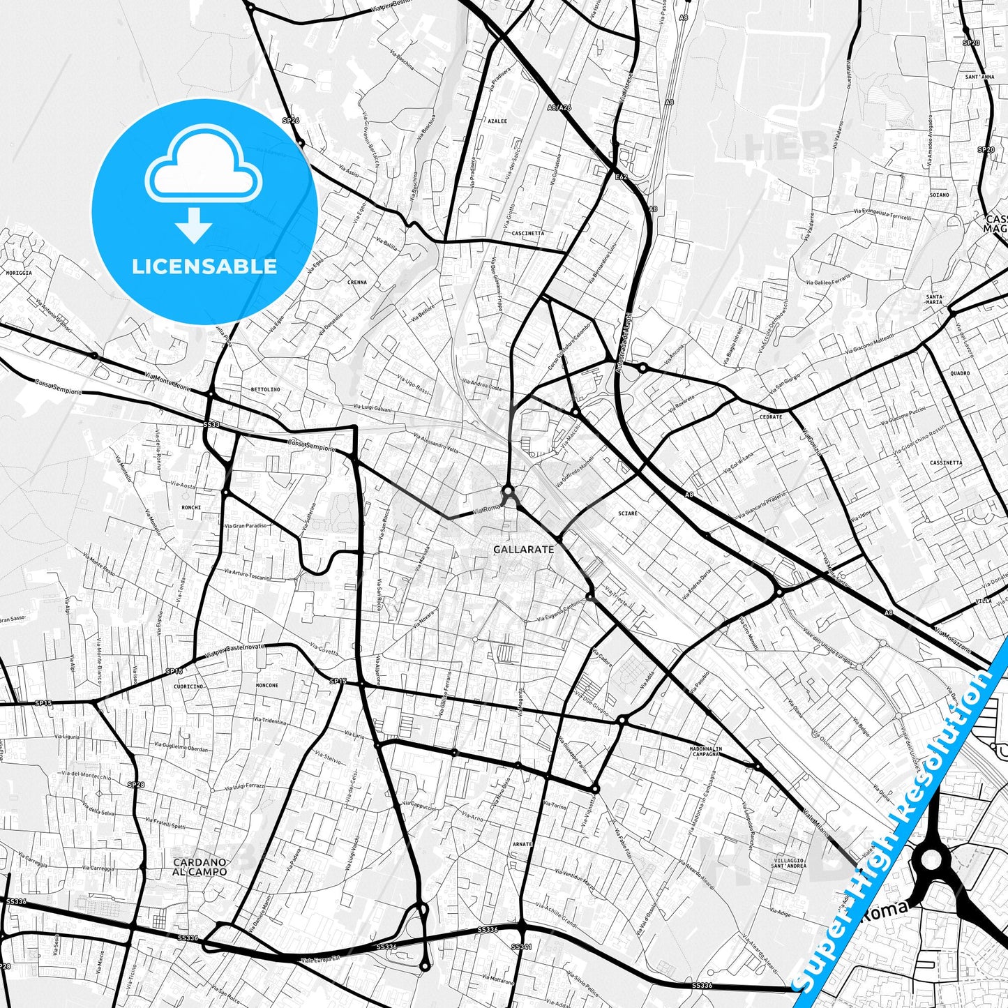 Gallarate, Italy Light Map with Street Names, City Names, and Districts
