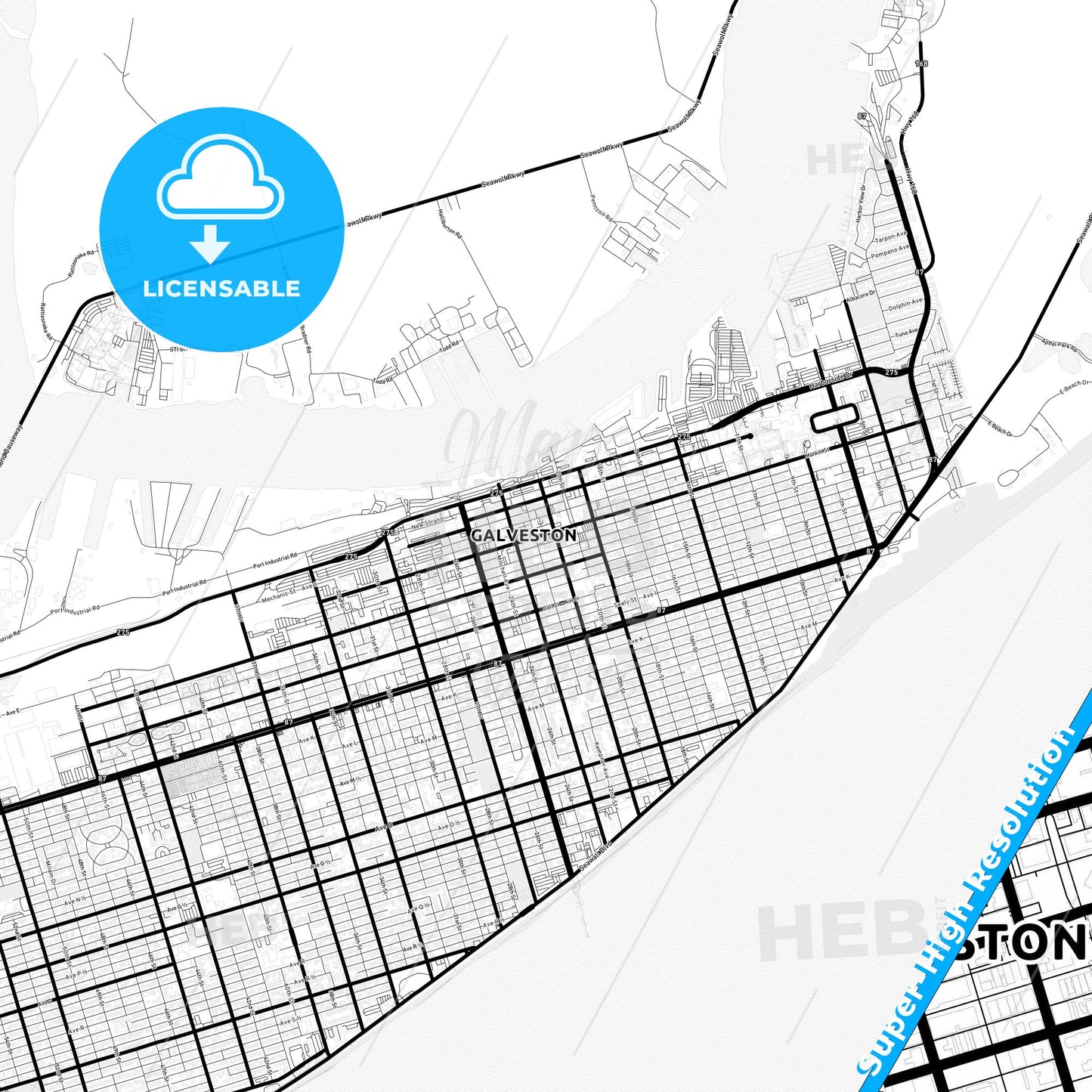 Galveston, Texas Light Map with Street Names, City Names, and Districts