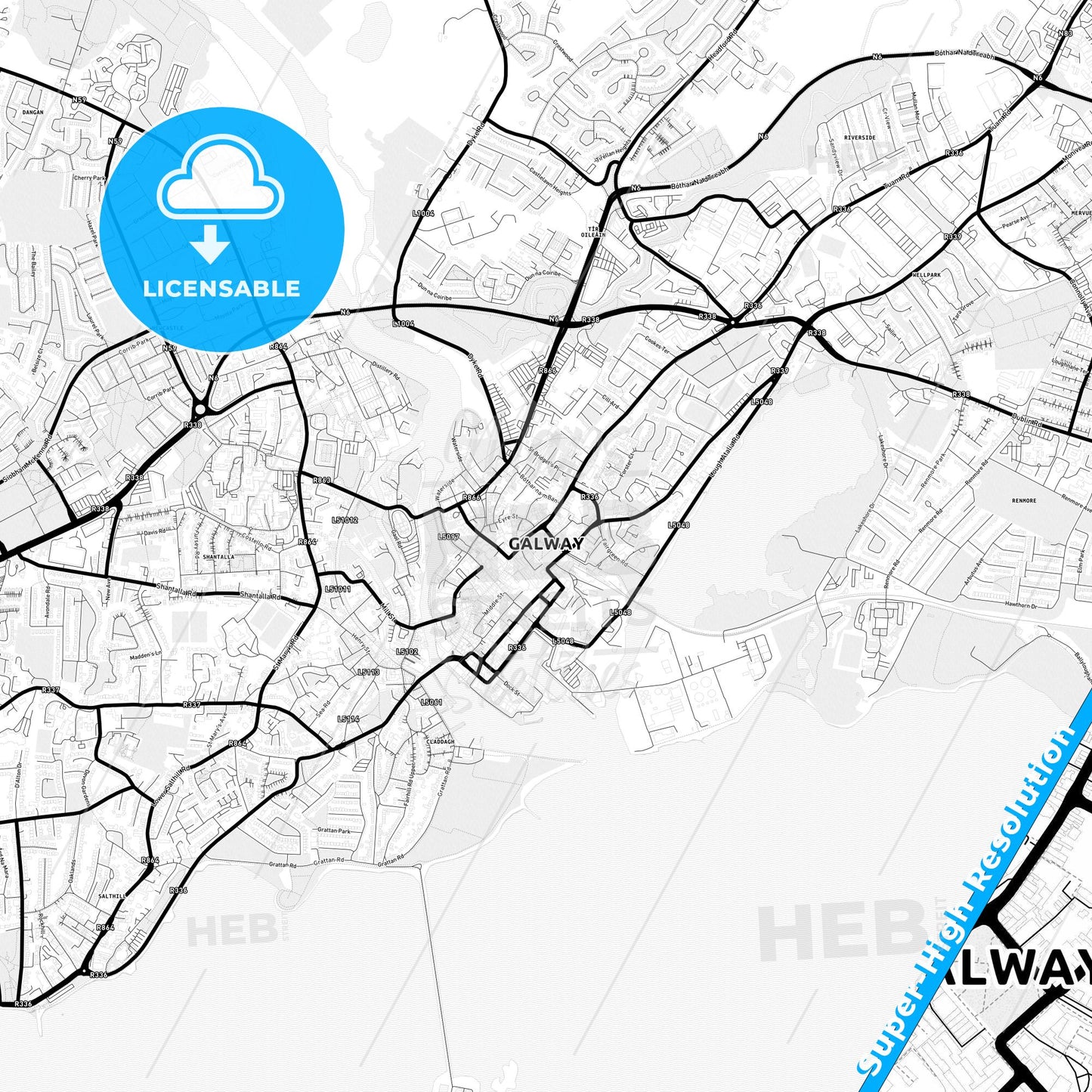 Galway, Ireland Light Map with Street Names, City Names, and Districts