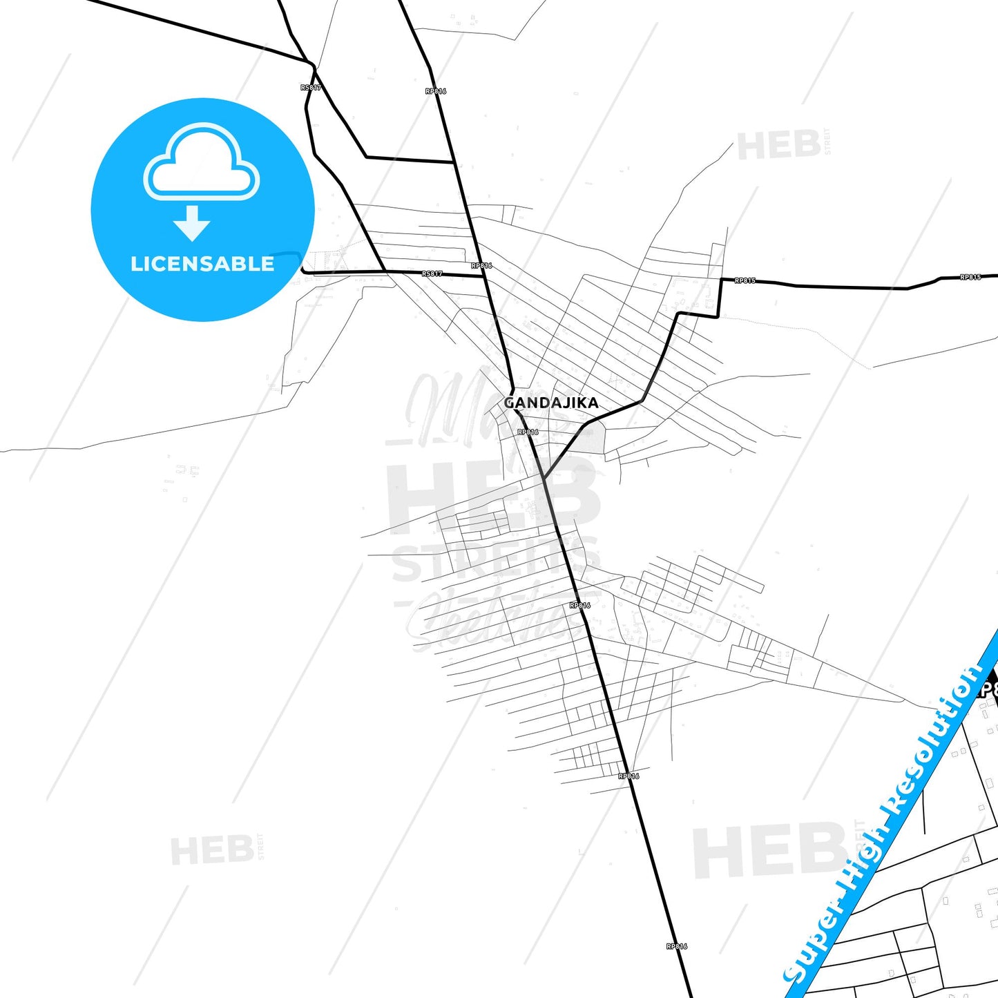 Gandajika, DR Congo Light Map with Street Names, City Names, and Districts