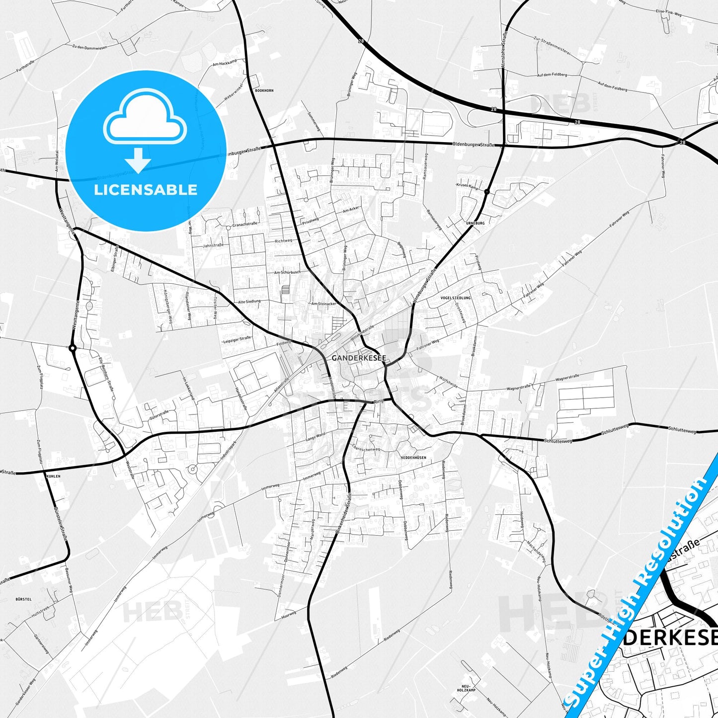 Ganderkesee, Germany Light Map with Street Names, City Names, and Districts