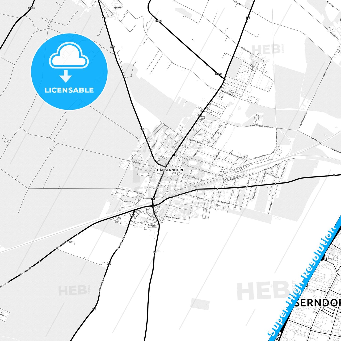 Gänserndorf, Austria Light Map with Street Names, City Names, and Districts