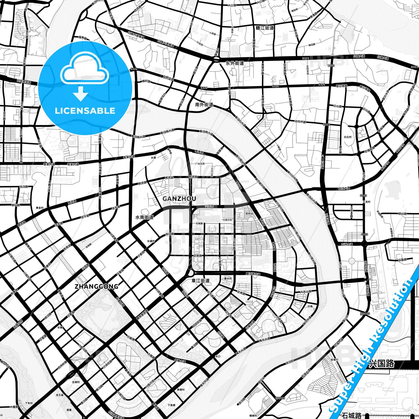 Ganzhou, China Light Map with Street Names, City Names, and Districts