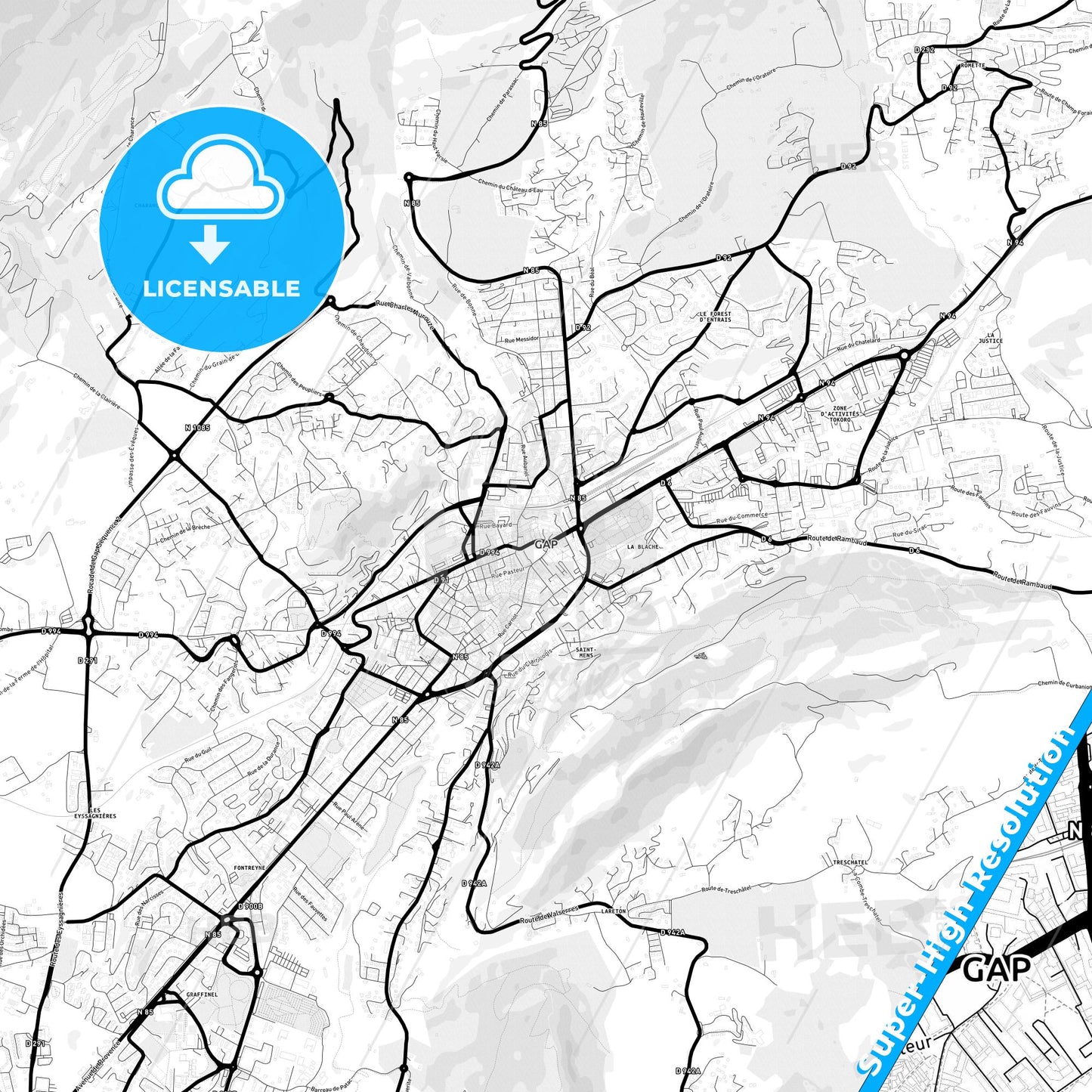 Gap, France Light Map with Street Names, City Names, and Districts