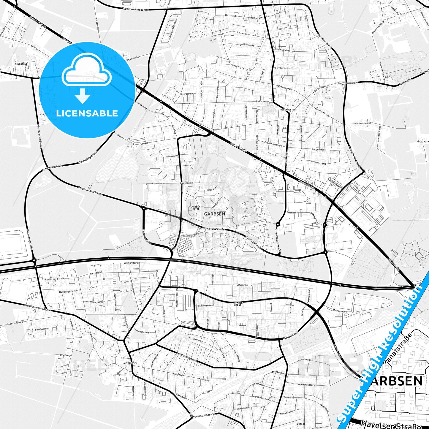 Garbsen, Germany Light Map with Street Names, City Names, and Districts