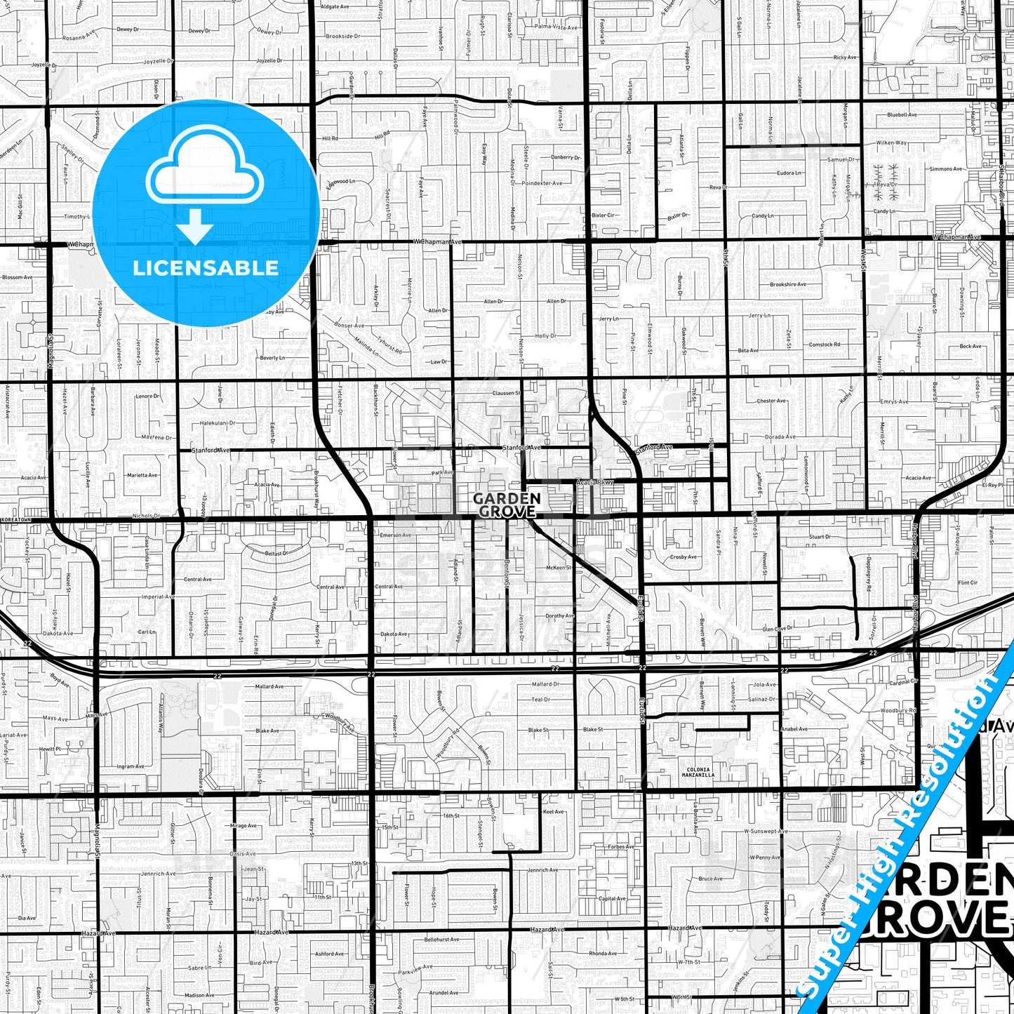 Garden Grove, California Light Map with Street Names, City Names, and Districts