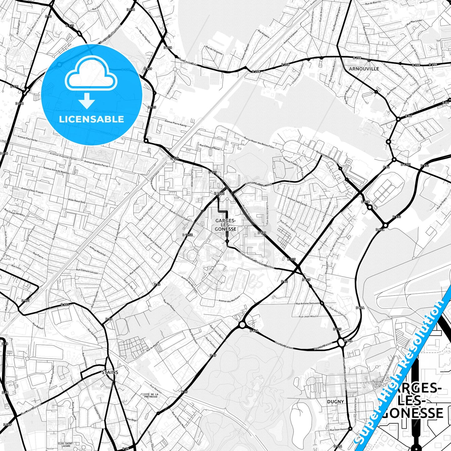 Garges-lès-Gonesse, France Light Map with Street Names, City Names, and Districts