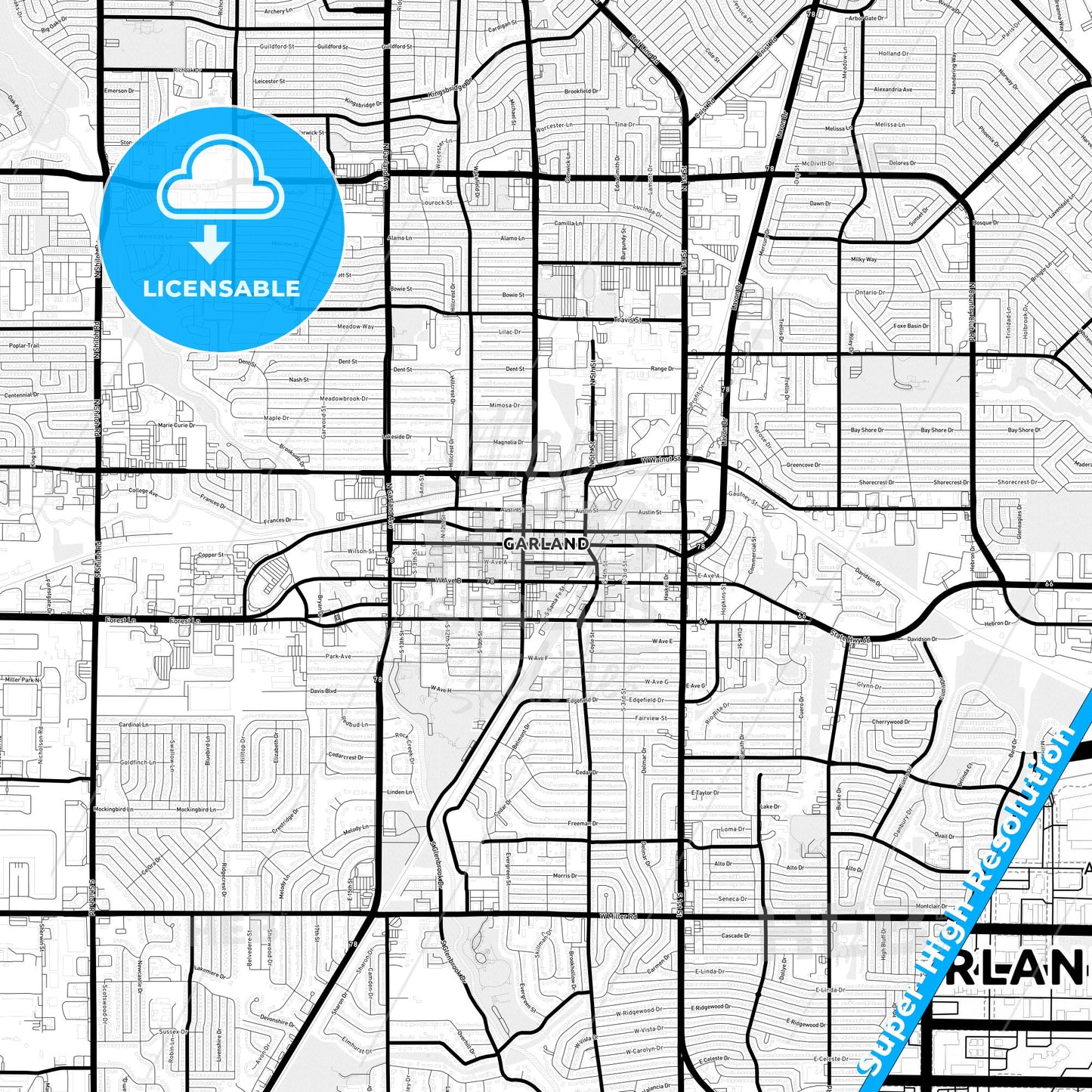 Garland, Texas Light Map with Street Names, City Names, and Districts
